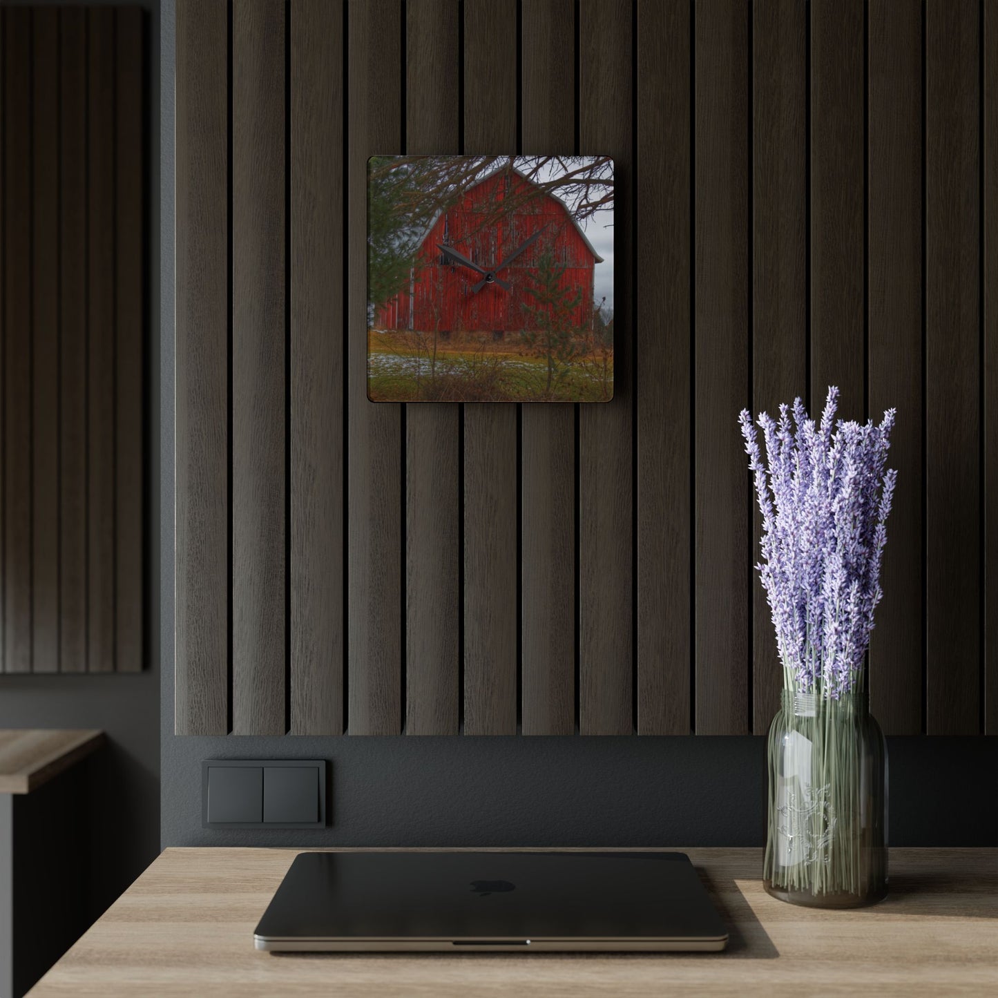 U R There Photography Johnsonmill Road Hidden Red Rustic Farmhouse Acrylic Analog Wall Clock