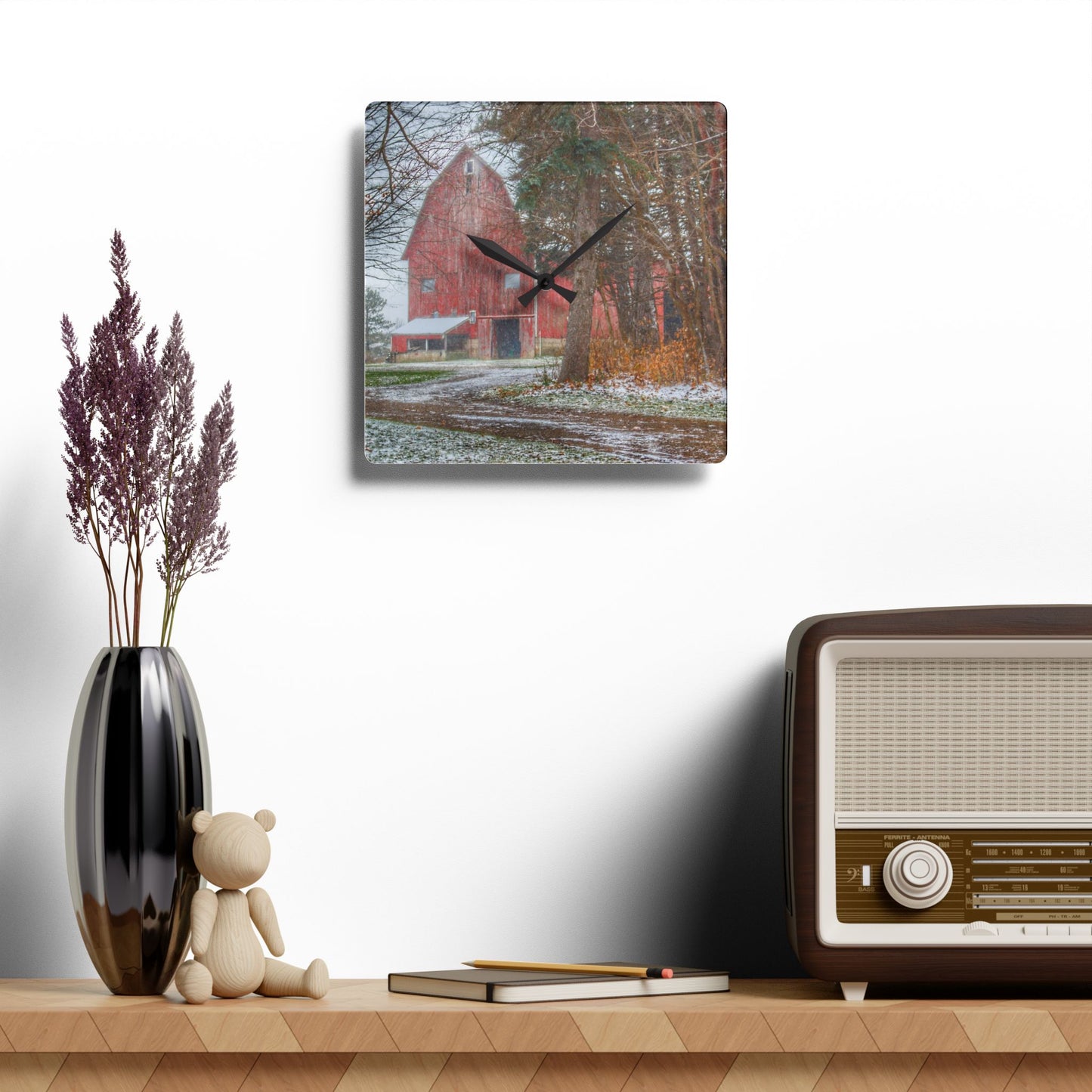 U R There Photography Tubspring Road Hidden Winter Red Rustic Farmhouse Acrylic Analog Wall Clock