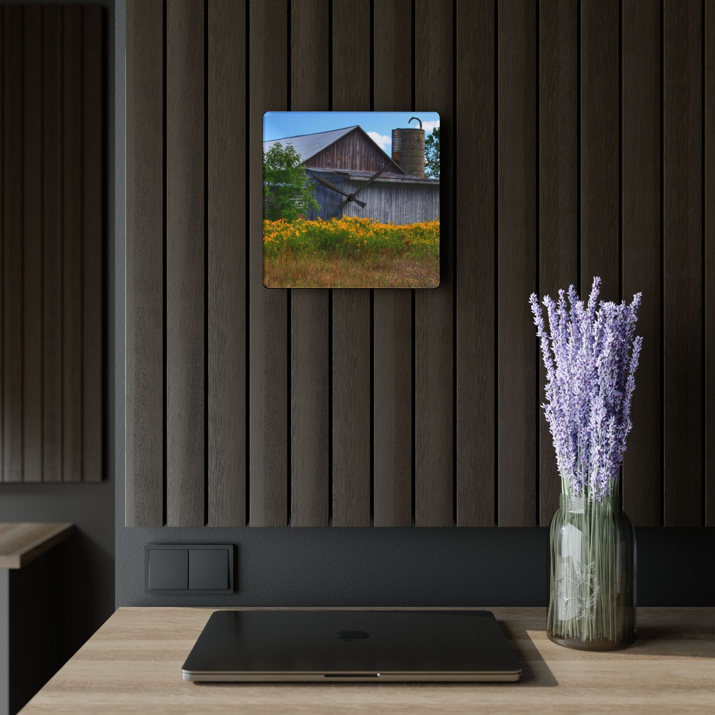 U R There Photography Church Road Grey III Rustic Farmhouse Acrylic Analog Wall Clock