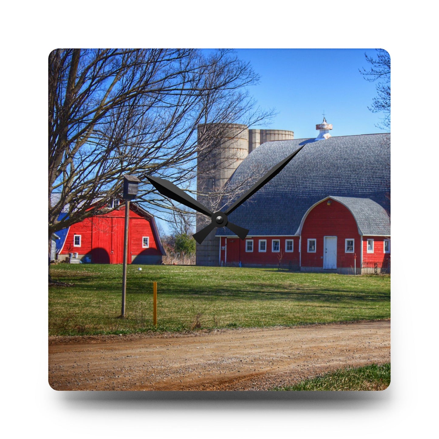 U R There Photography Hough Road Reds and Silo II Rustic Farmhouse Acrylic Analog Wall Clock