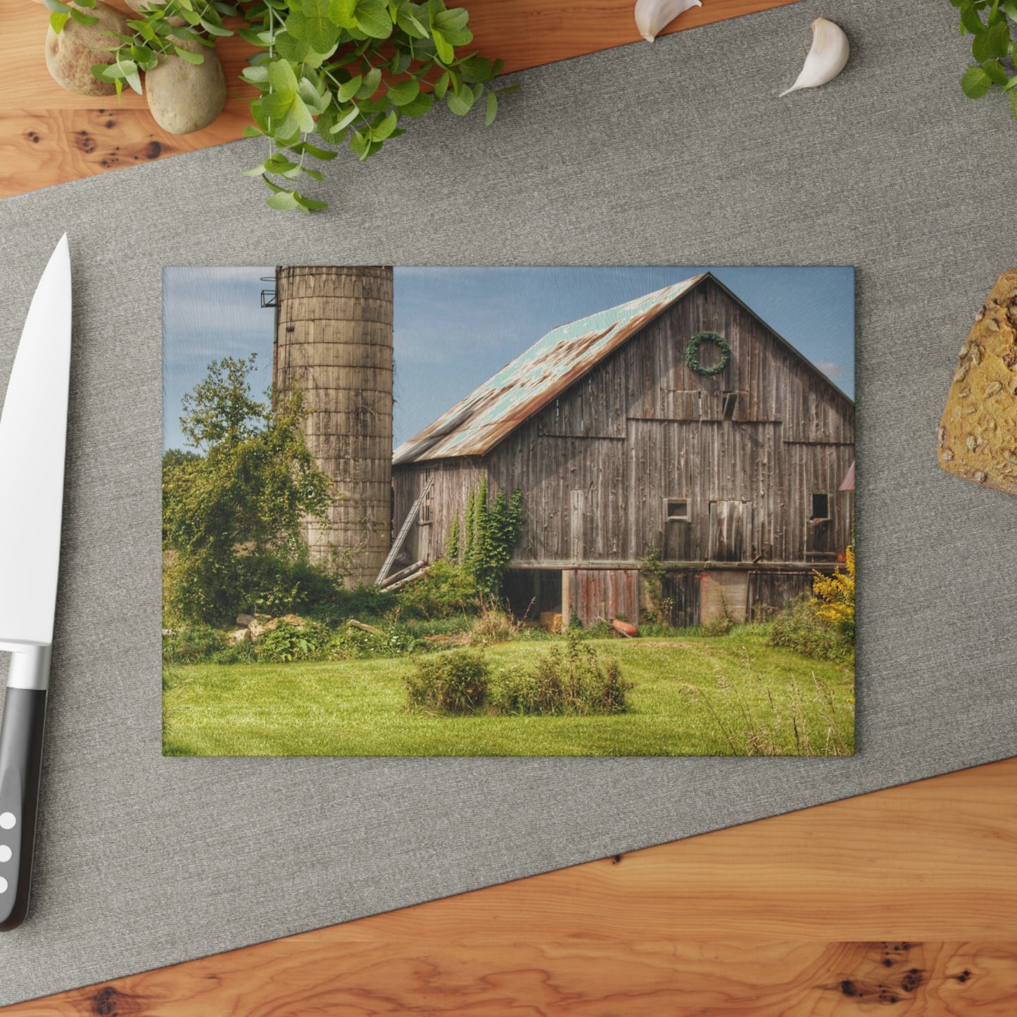 U R There Photography Churchill Christmas Barn in Summer Rustic Farmhouse Tempered-Glass Cutting Board
