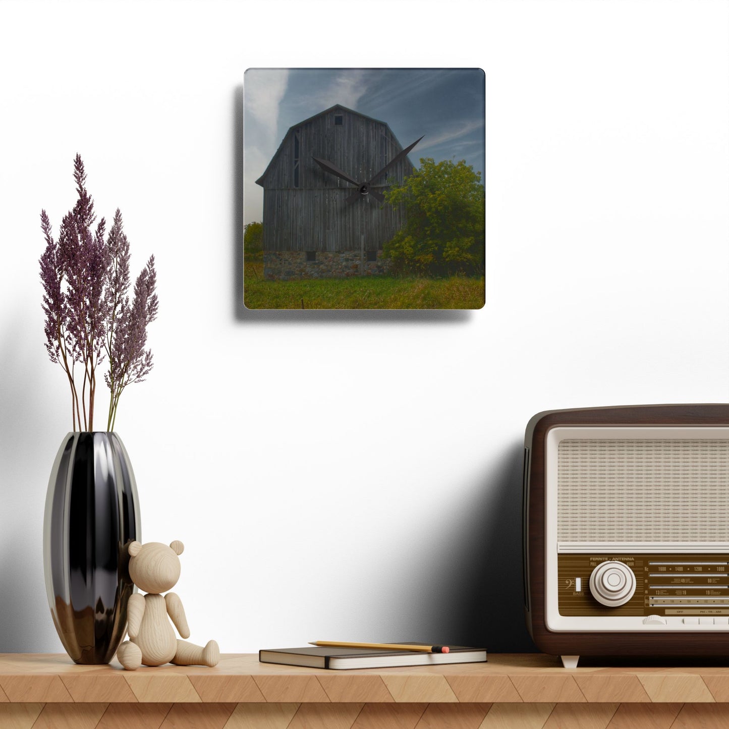 U R There Photography Cat Lake Grey I Rustic Farmhouse Acrylic Analog Wall Clock