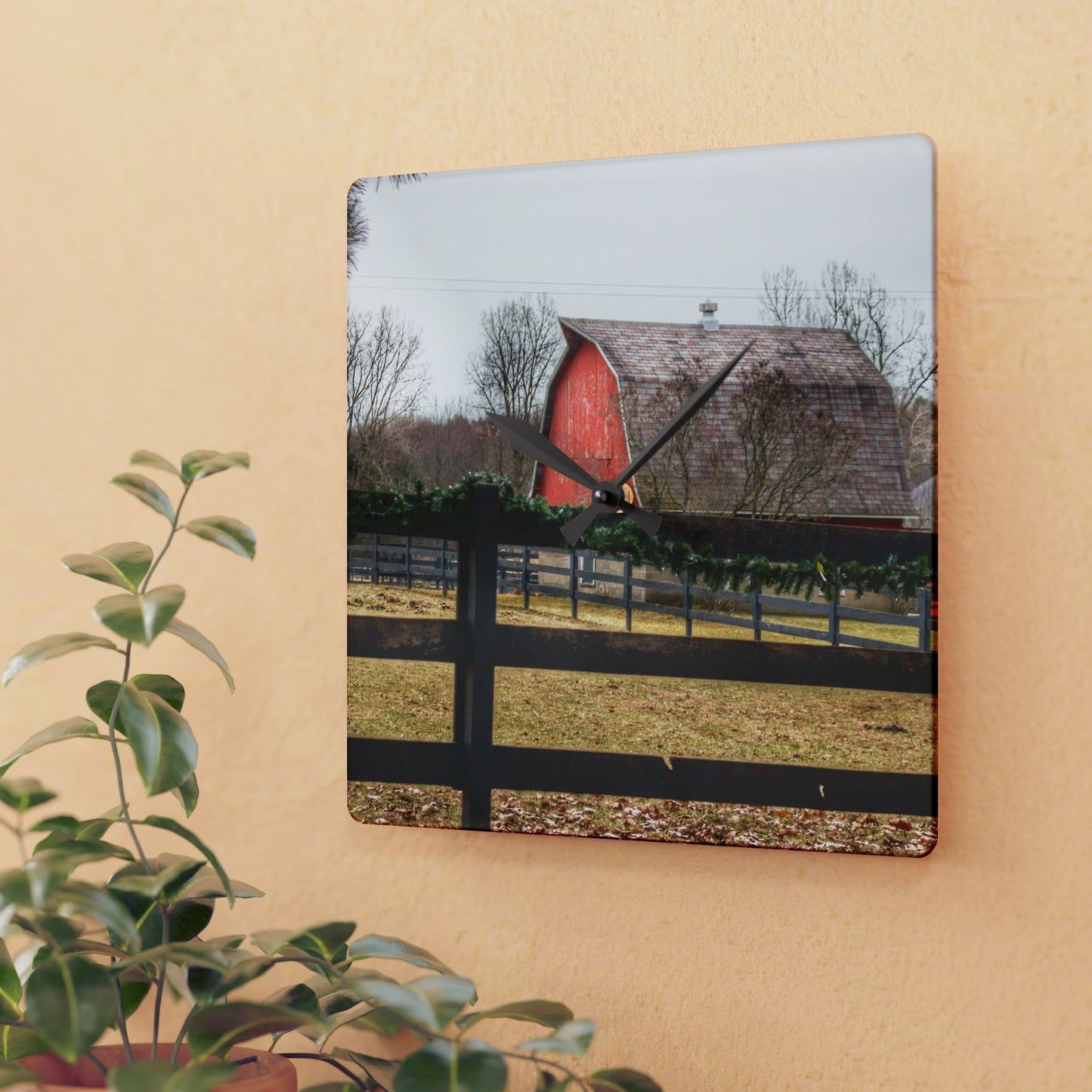 U R There Photography Beyond the Fence on Blood Road Rustic Farmhouse Acrylic Analog Wall Clock