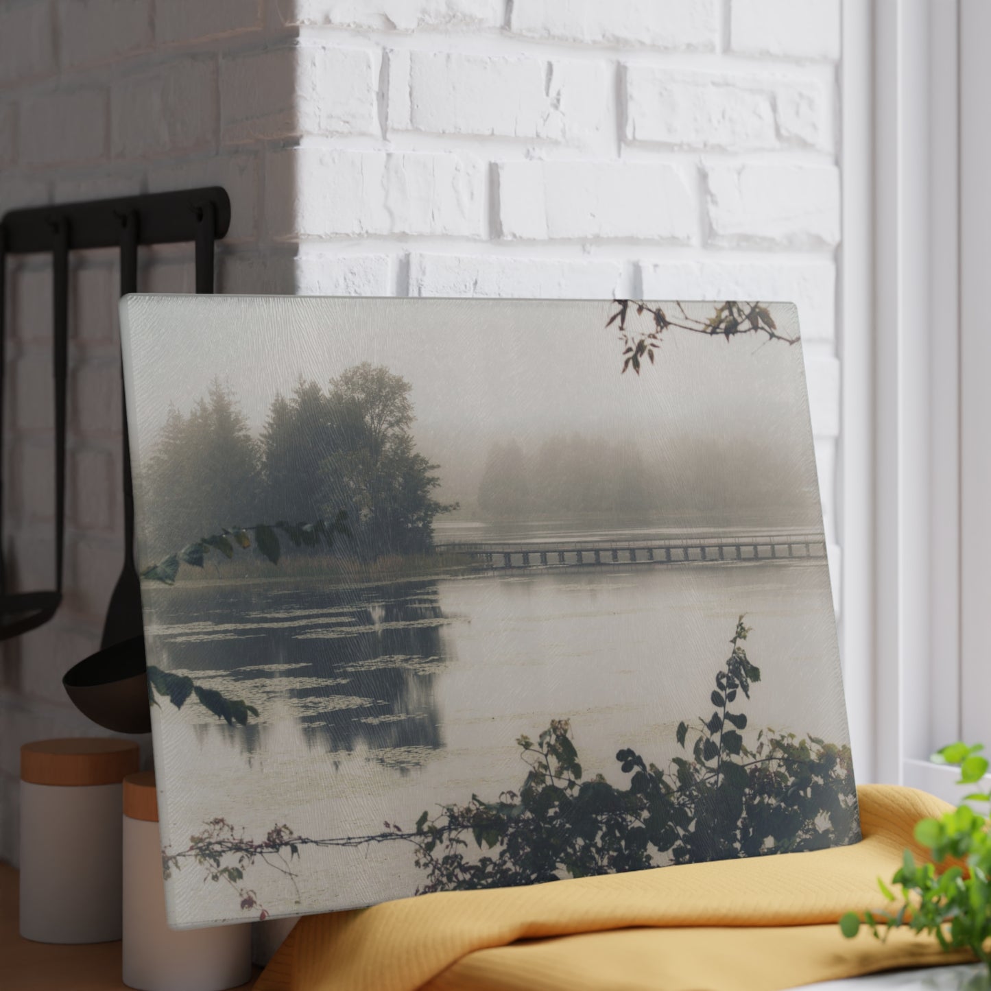 U R There Photography Bridge in Fog Rustic Farmhouse Tempered-Glass Cutting Board