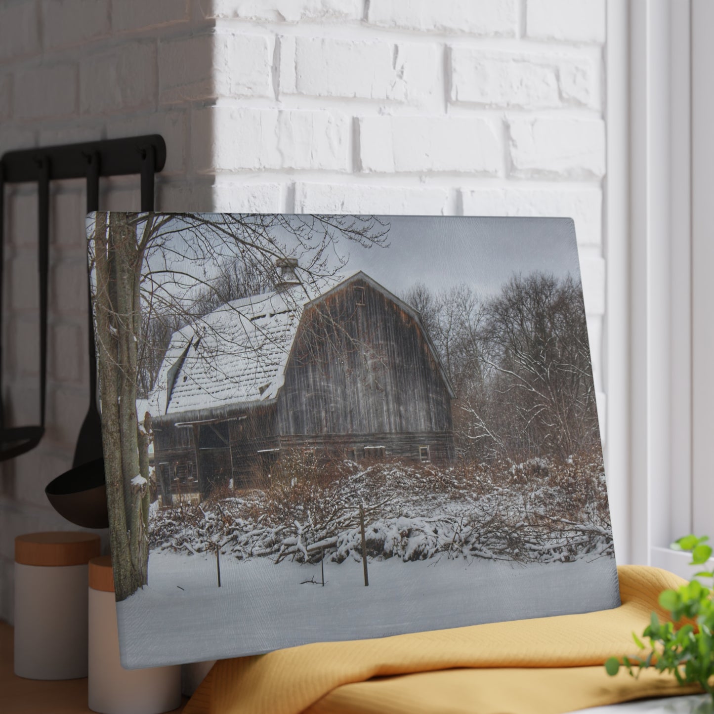 U R There Photography Vassar Road Hidden Grey in Winter Rustic Farmhouse Tempered-Glass Cutting Board