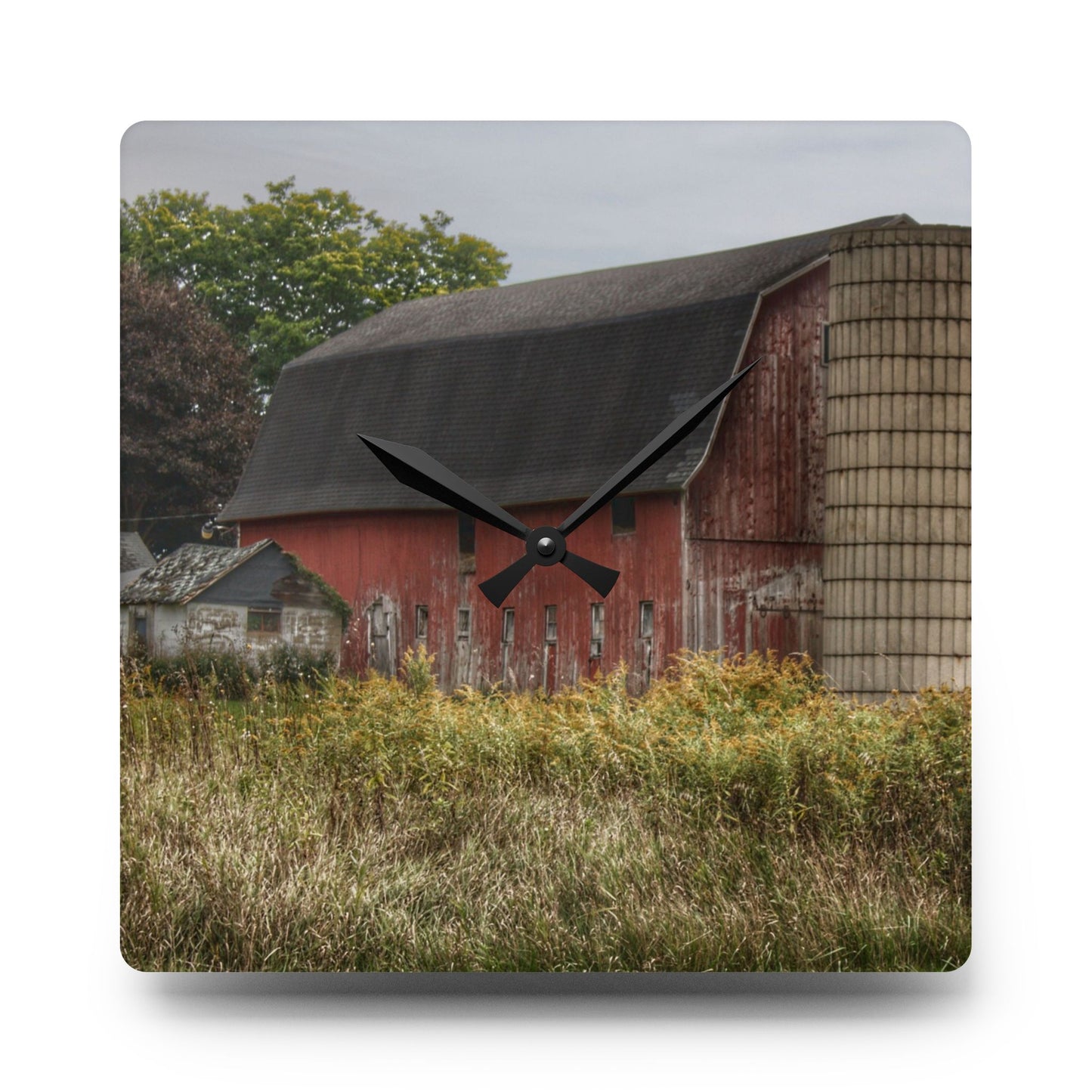 U R There Photography McDowell Road Old Red and Little White Rustic Farmhouse Acrylic Analog Wall Clock