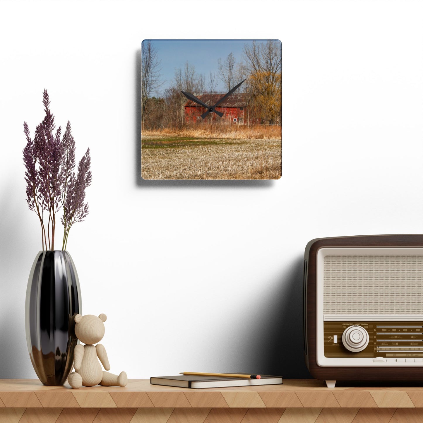 U R There Photography Hidden Scotch Settlement Red Rustic Farmhouse Acrylic Analog Wall Clock