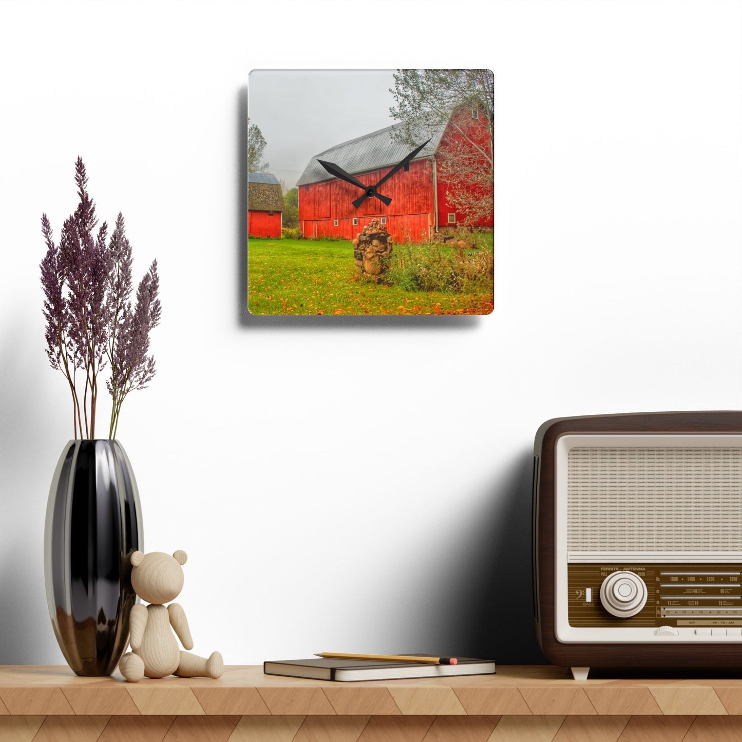 U R There Photography Cramton Road Reds I Rustic Farmhouse Wall Clock