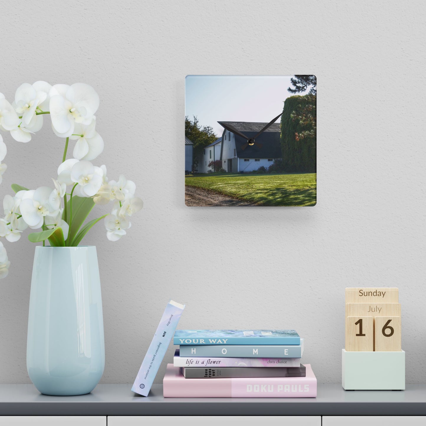 U R There Photography Five Lakes Road White Rustic Farmhouse Acrylic Analog Wall Clock 10.75'' × 10.75'' (Square)