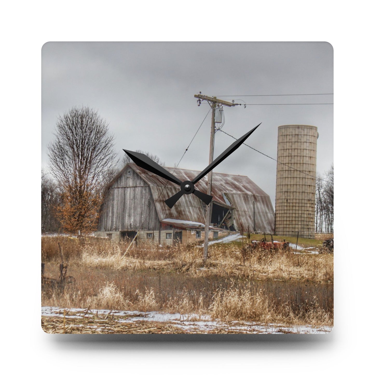 U R There Photography Norway Lake Road Grey Rustic Farmhouse Acrylic Analog Wall Clock