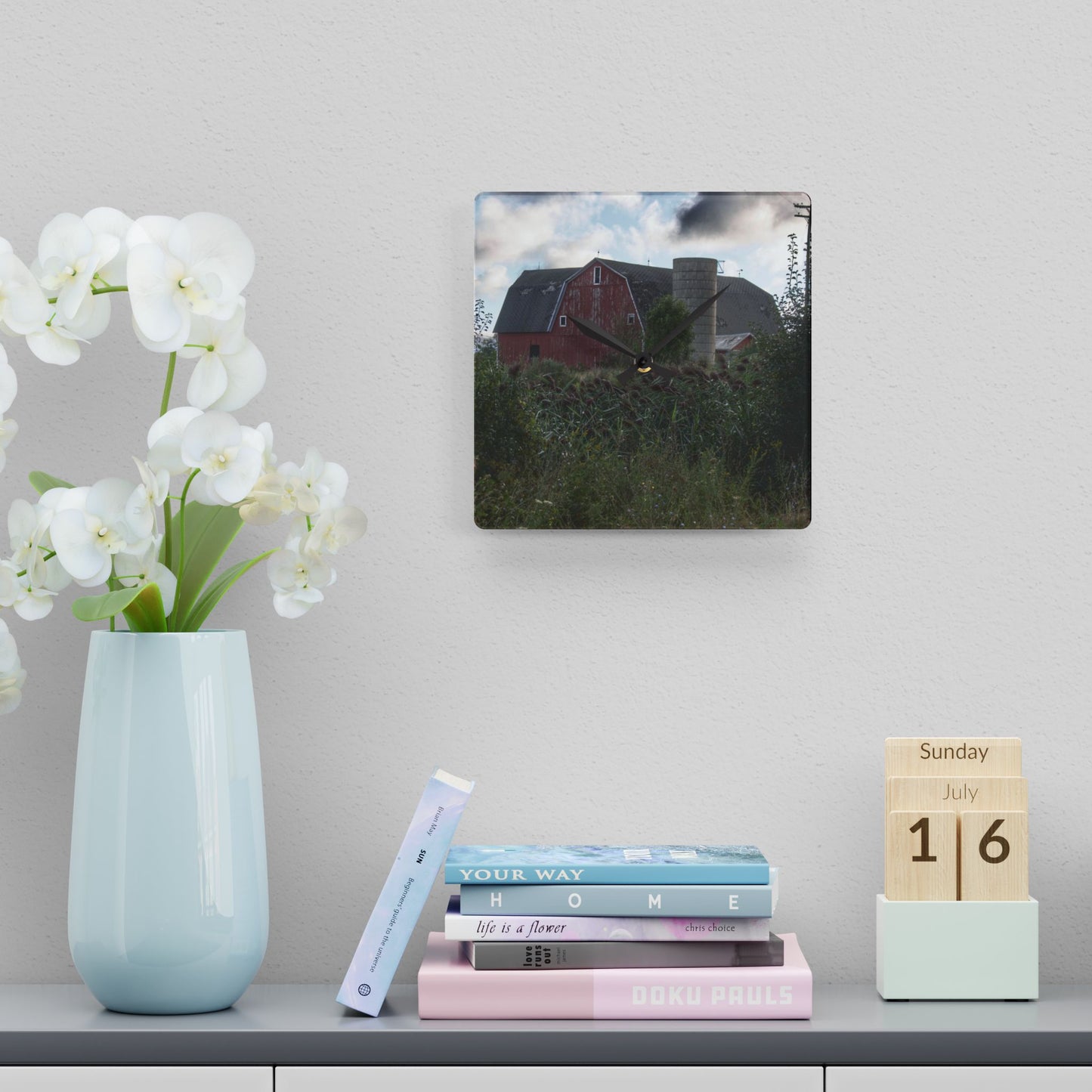 U R There Photography Greenwood Road Red II Rustic Farmhouse Acrylic Analog Wall Clock 10.75'' × 10.75'' (Square)