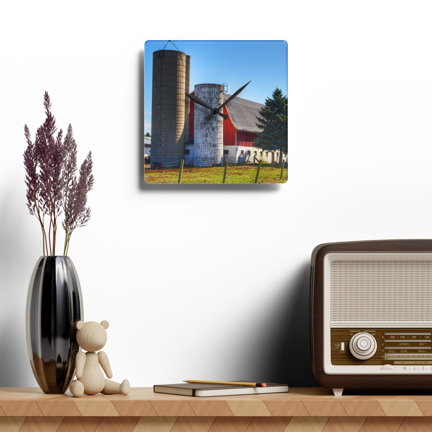 U R There Photography Hunters Creek Red Cow Barn I Rustic Farmhouse Acrylic Analog Wall Clock