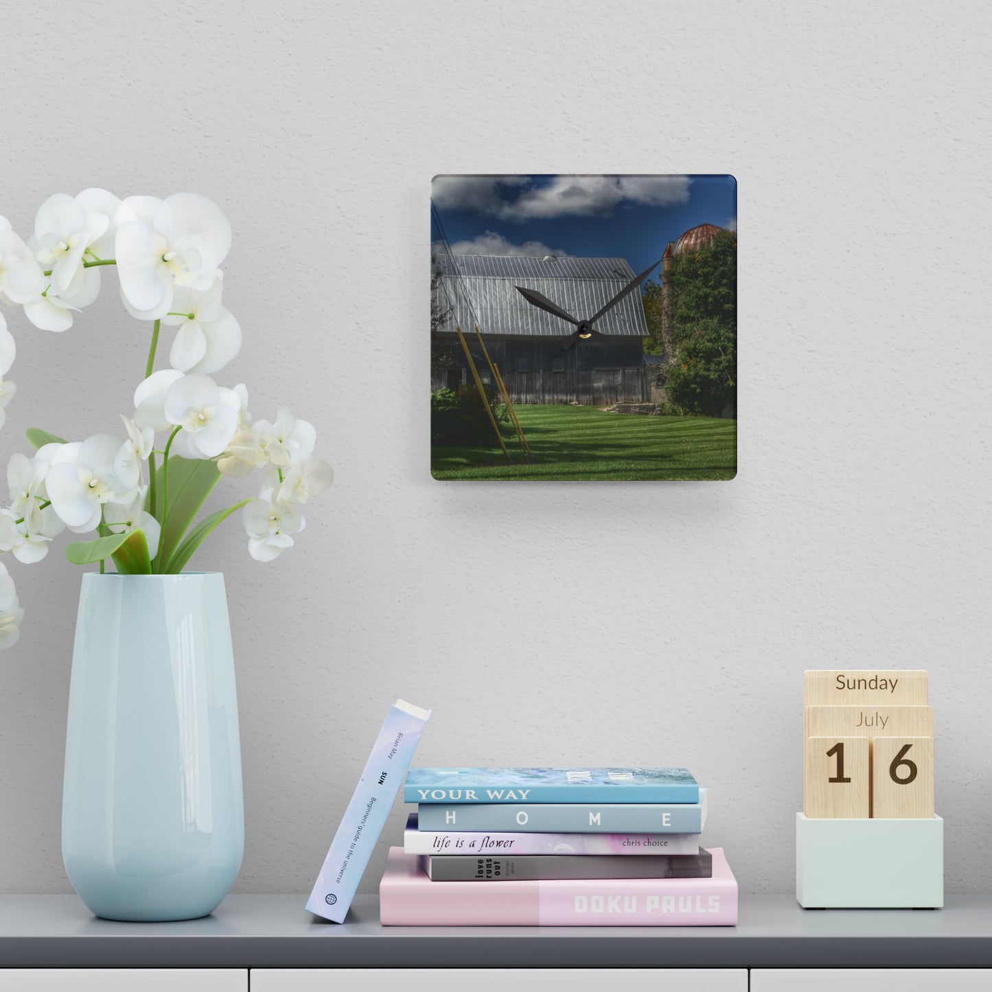 U R There Photography Ludwig Road Summer Grey and Silo Rustic Farmhouse Acrylic Analog Wall Clock