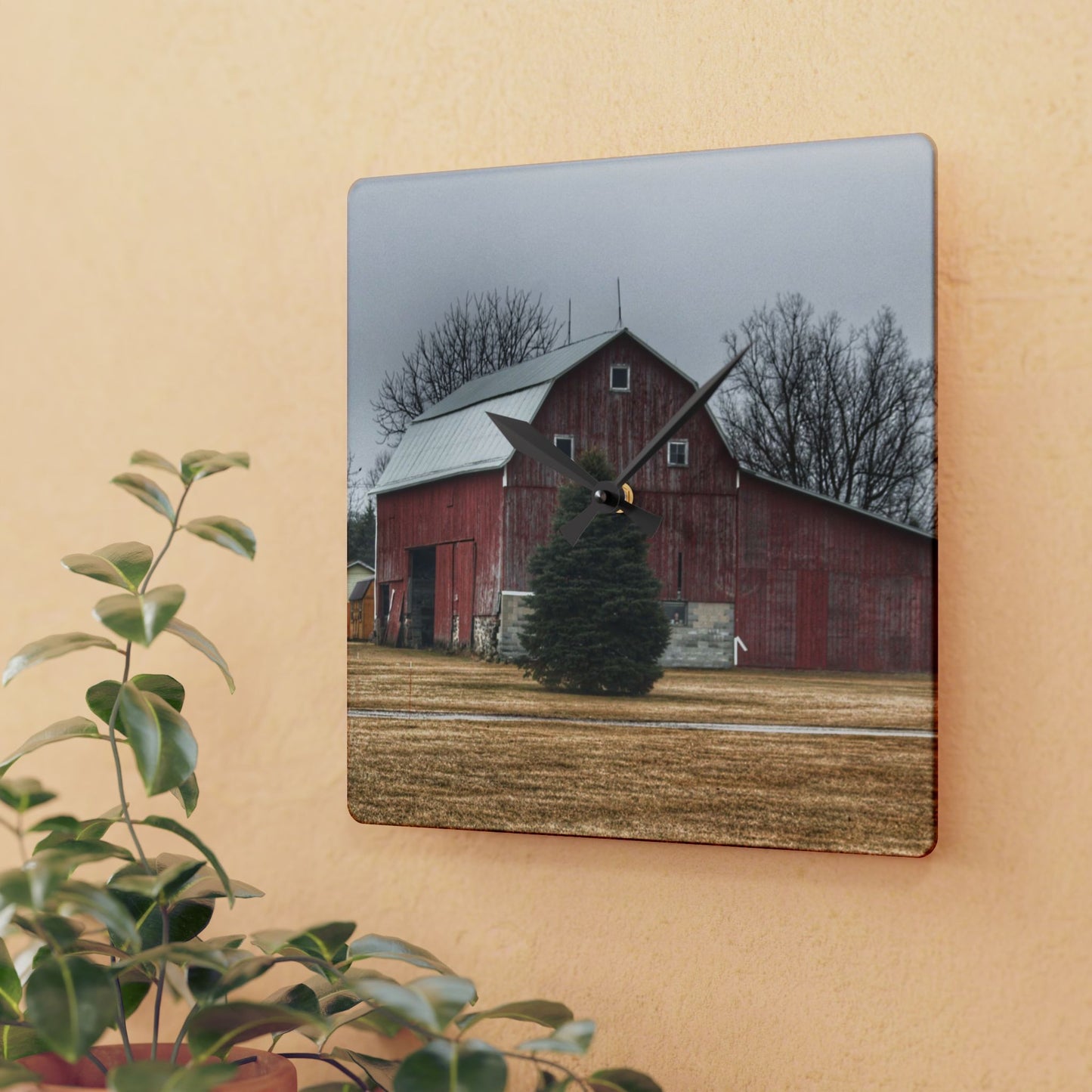 U R There Photography Daley Road Red I Rustic Farmhouse Acrylic Analog Wall Clock