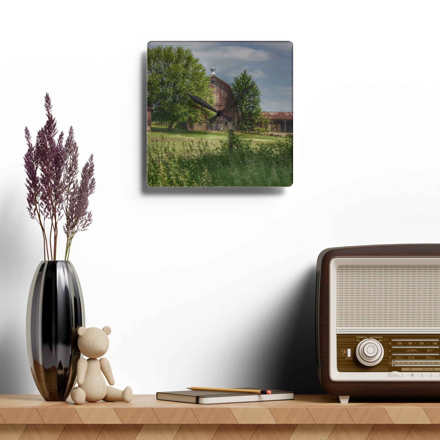 U R There Photography Ross Road Red Rustic Farmhouse Acrylic Analog Wall Clock