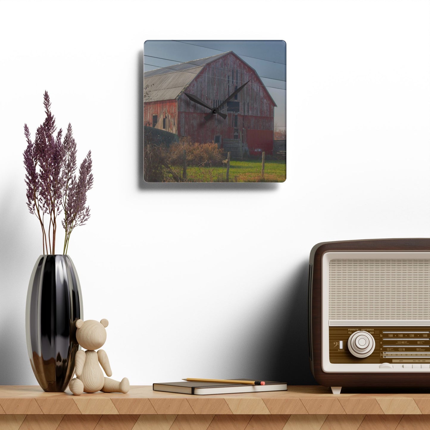 U R There Photography Dodge Road Red I Rustic Farmhouse Acrylic Analog Wall Clock