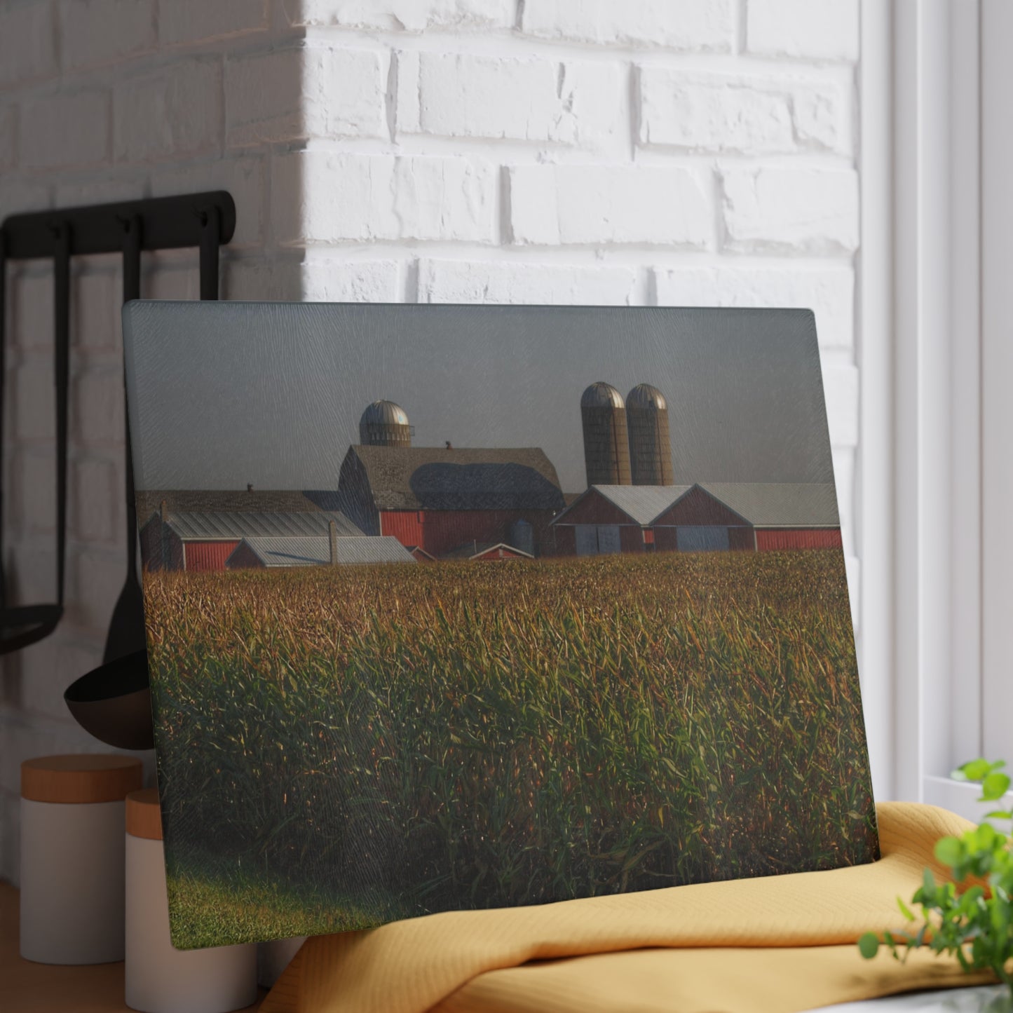 U R There Photography Slattery Road Farm and Cornfield II Rustic Farmhouse Tempered-Glass Cutting Board
