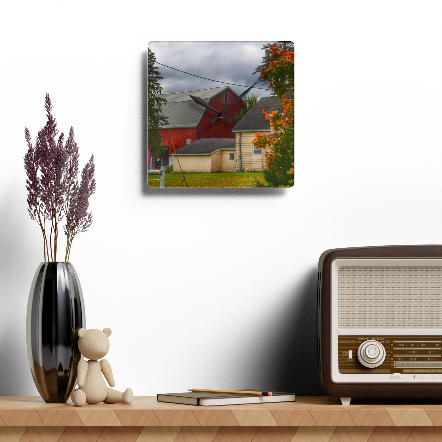 U R There Photography Farnsworth Road Red II Rustic Farmhouse Acrylic Analog Wall Clock