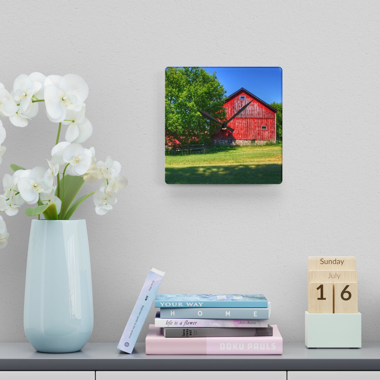 U R There Photography Five Lakes Red IV Rustic Farmhouse Acrylic Analog Wall Clock