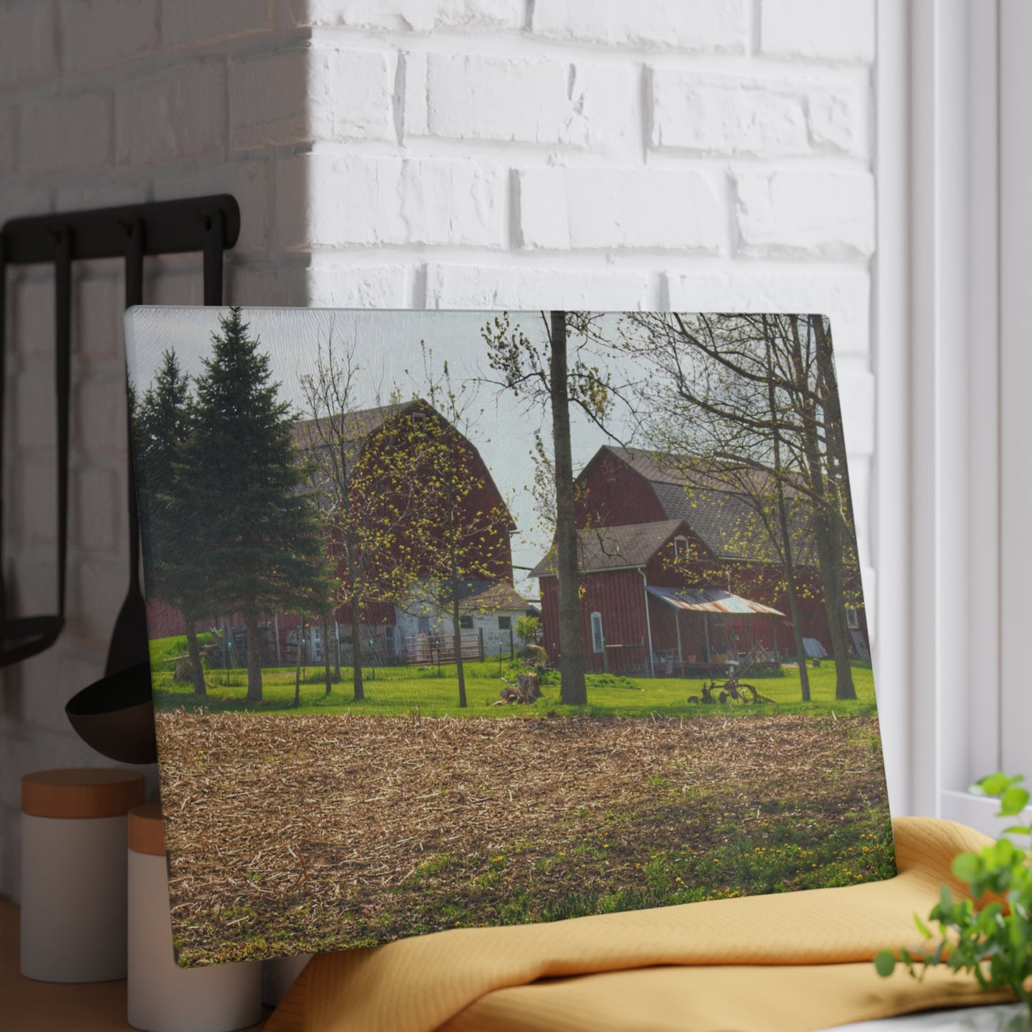 U R There Photography Bishop Road Reds III Rustic Farmhouse Tempered-Glass Cutting Board