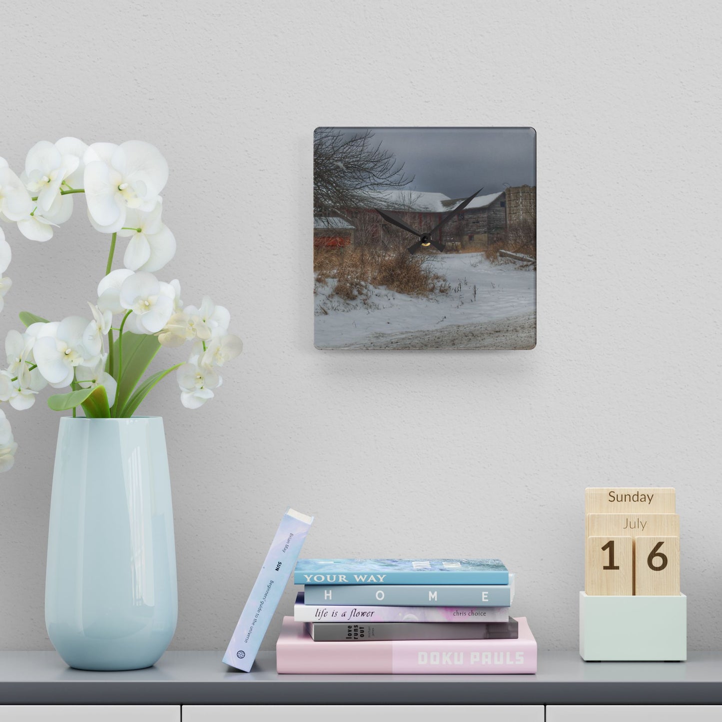 U R There Photography Midwinter Red Rustic Farmhouse Acrylic Analog Wall Clock