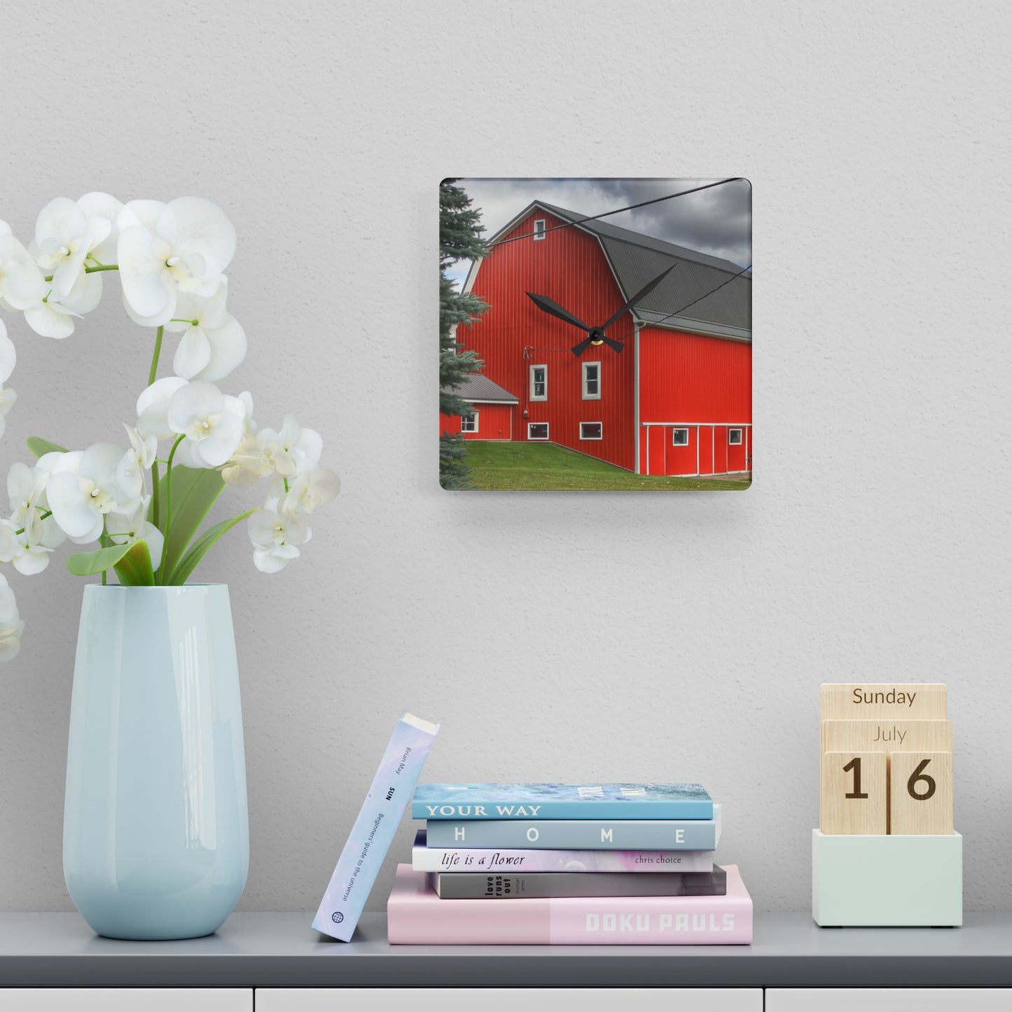 U R There Photography Connell Road Modern Red Rustic Farmhouse Acrylic Analog Wall Clock