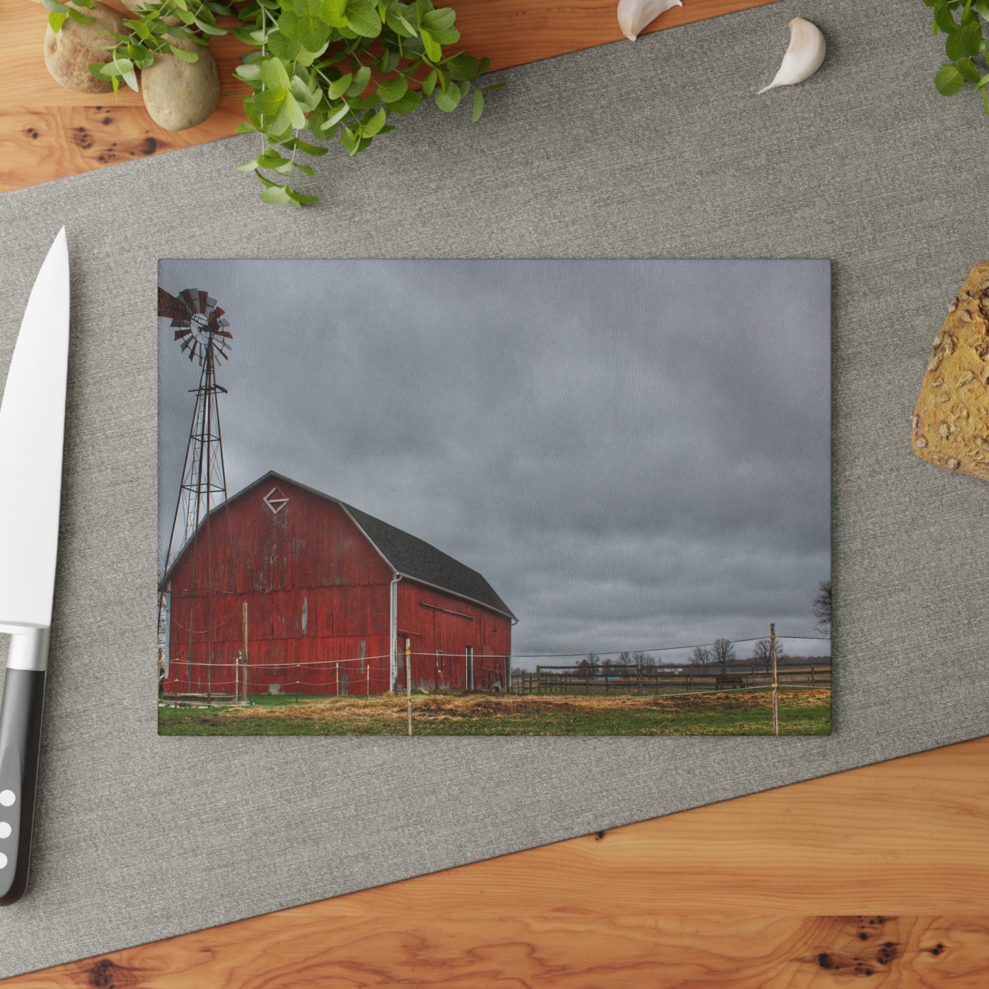 U R There Photography West Lake Road Red Barn and Windmill Rustic Farmhouse Tempered-Glass Cutting Board