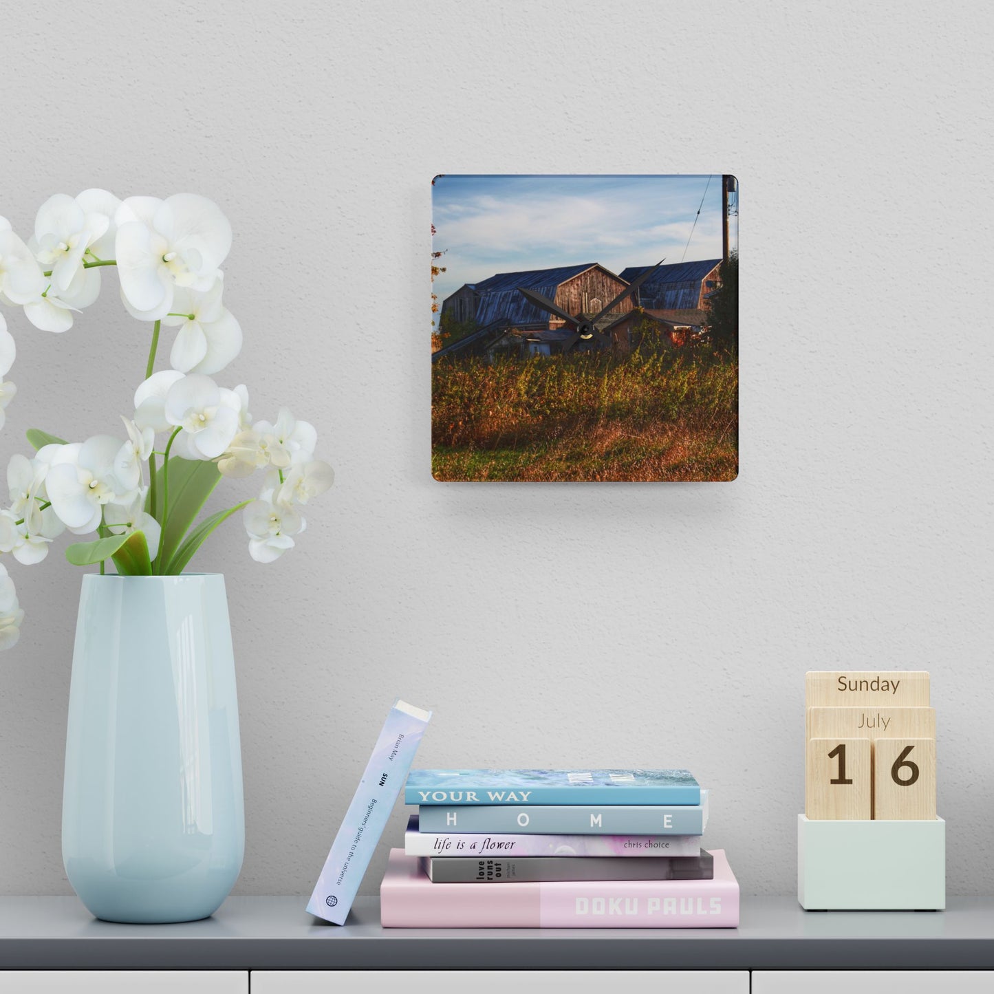 U R There Photography Montgomery Road Reds Rustic Farmhouse Acrylic Analog Wall Clock