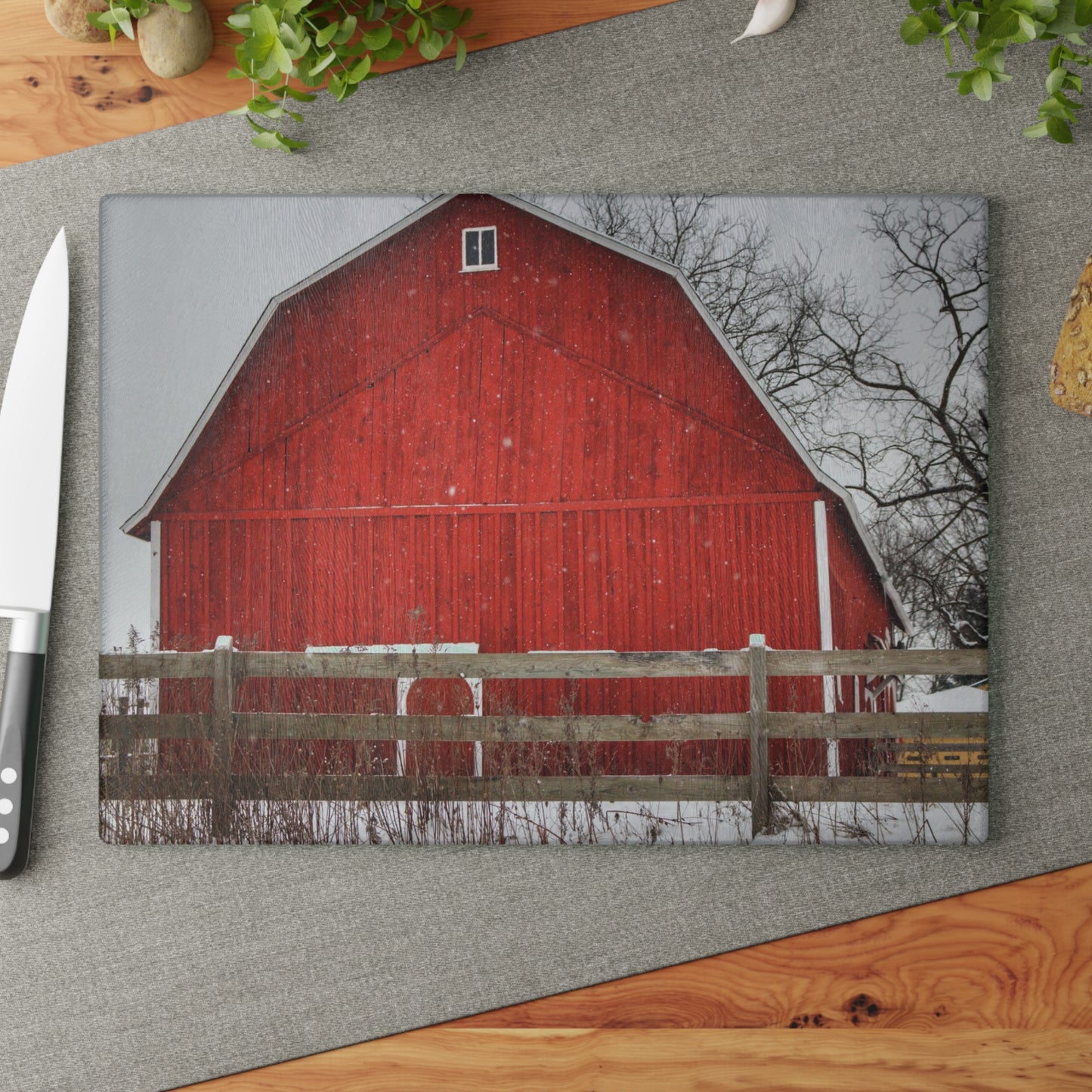 U R There Photography Big Red Beyond the Fence Rustic Farmhouse Tempered-Glass Cutting Board