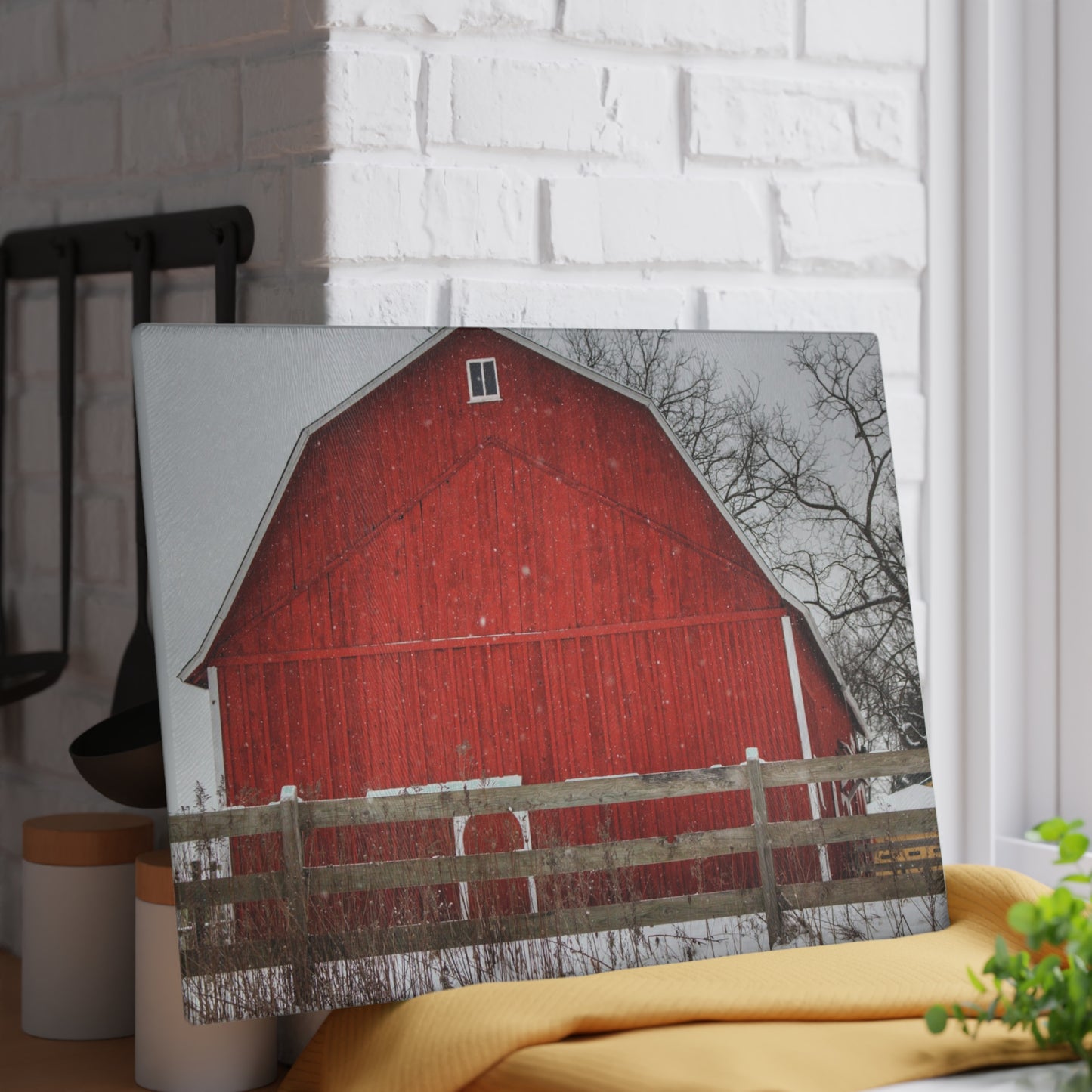 U R There Photography Big Red Beyond the Fence Rustic Farmhouse Tempered-Glass Cutting Board