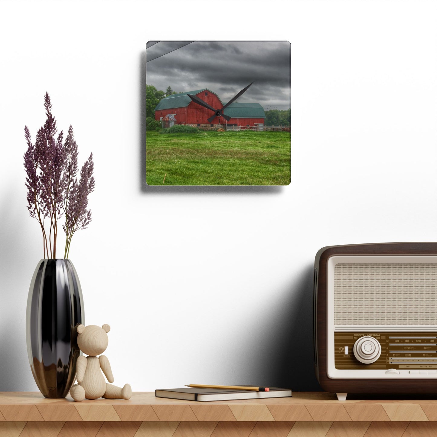 U R There Photography Clifford Road Red I Rustic Farmhouse Acrylic Analog Wall Clock