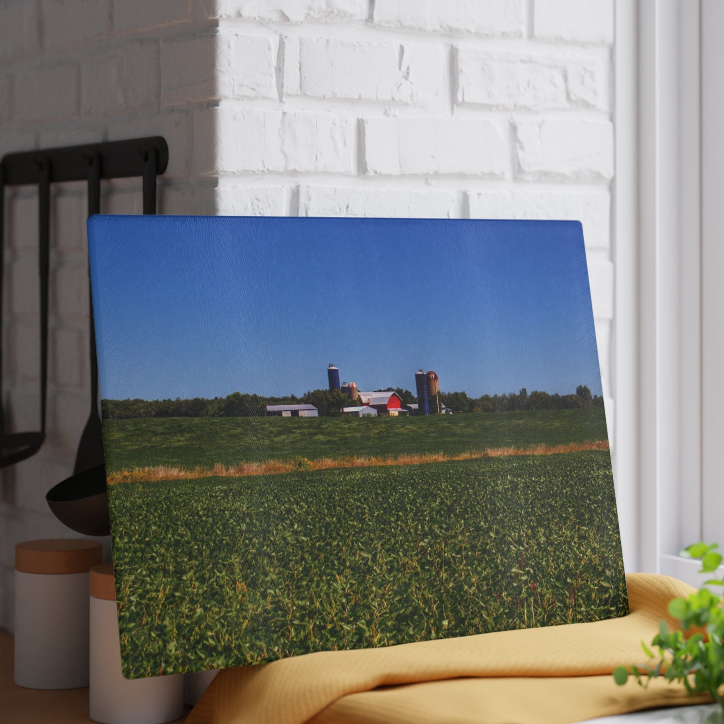 U R There Photography Otter Lake Road Farm Across the Field Rustic Farmhouse Tempered-Glass Cutting Board