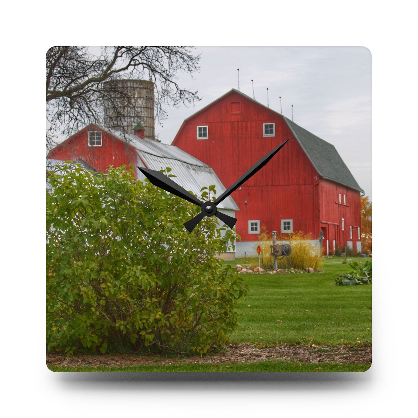 U R There Photography Potters Road Reds Rustic Farmhouse Acrylic Analog Wall Clock