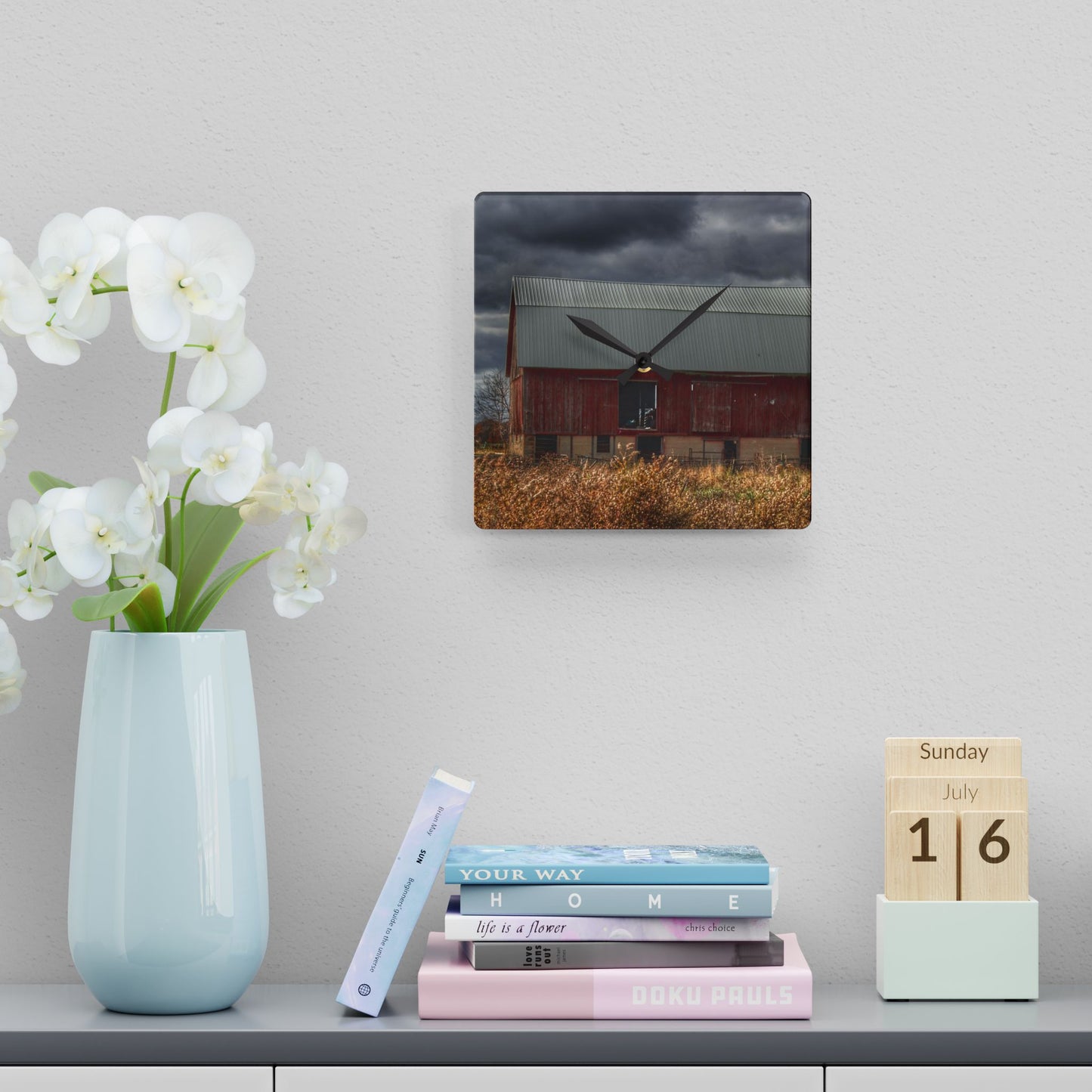 U R There Photography Booth Road Cow Barn I Rustic Farmhouse Acrylic Analog Wall Clock