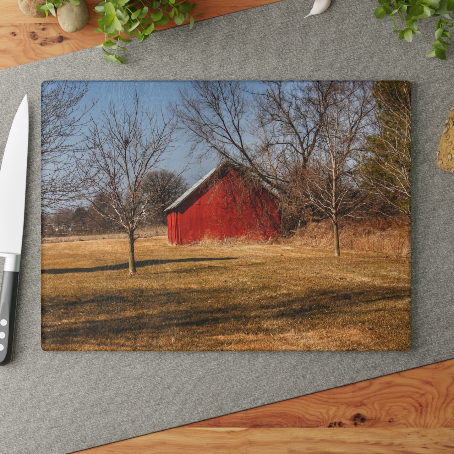 U R There Photography Romeo Plank Little Red Rustic Farmhouse Tempered-Glass Cutting Board