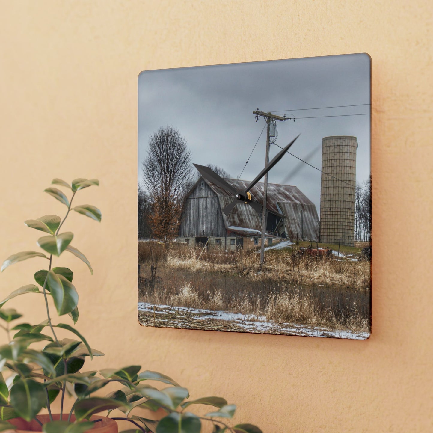 U R There Photography Norway Lake Road Grey Rustic Farmhouse Acrylic Analog Wall Clock