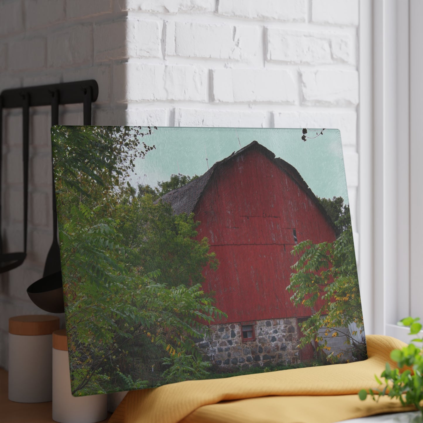 U R There Photography Brown Road Hidden Red II Rustic Farmhouse Tempered-Glass Cutting Board