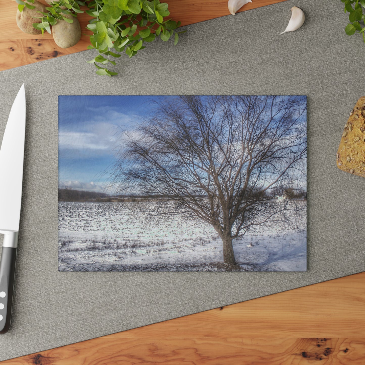 U R There Photography Winter Farm Willow Tree Rustic Farmhouse Tempered-Glass Cutting Board