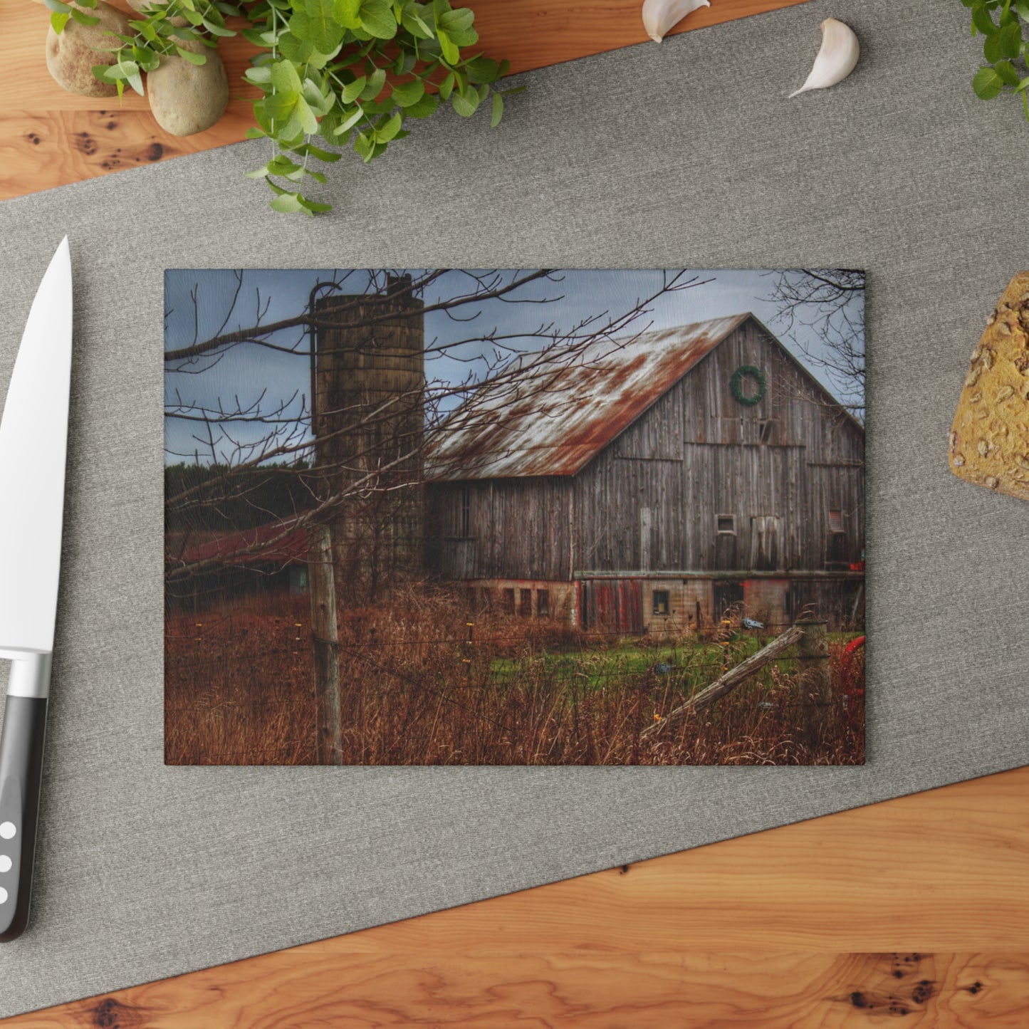 U R There Photography Churchill Christmas Barn II Rustic Farmhouse Tempered-Glass Cutting Board