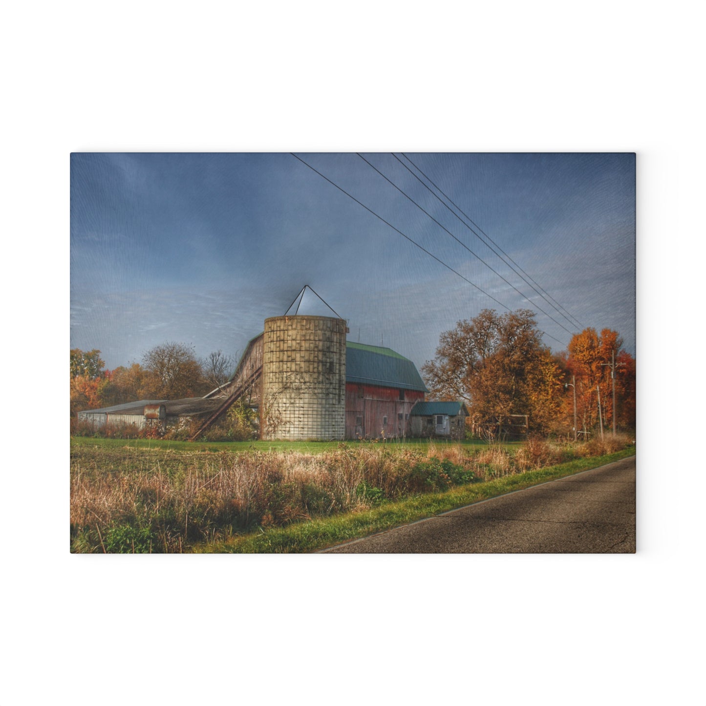 U R There Photography Plumb Creek Road Red in Fall I Rustic Farmhouse Tempered-Glass Cutting Board