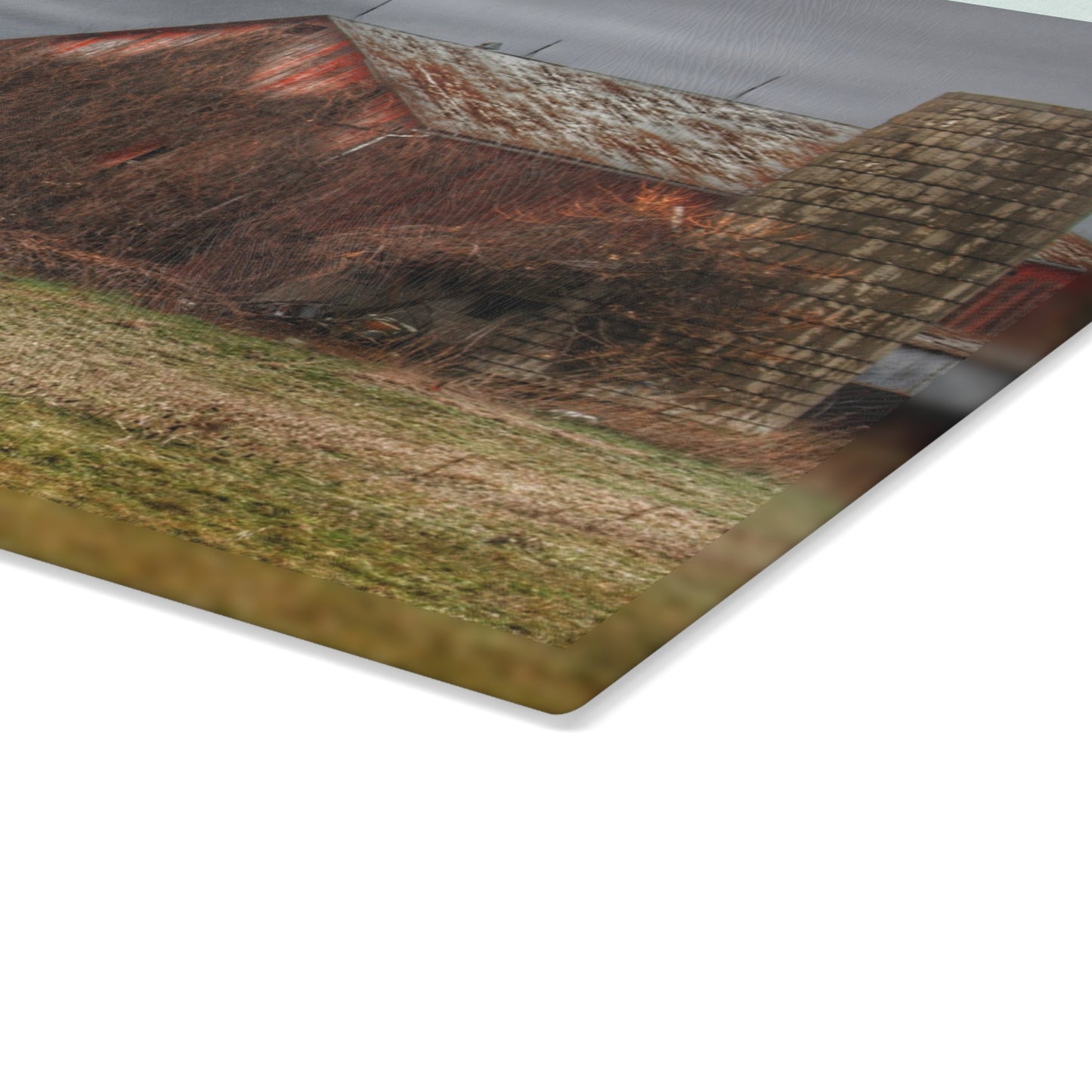 U R There Photography Slattery Road Old Red and Silo II Rustic Farmhouse Tempered-Glass Cutting Board 8"x 11"d