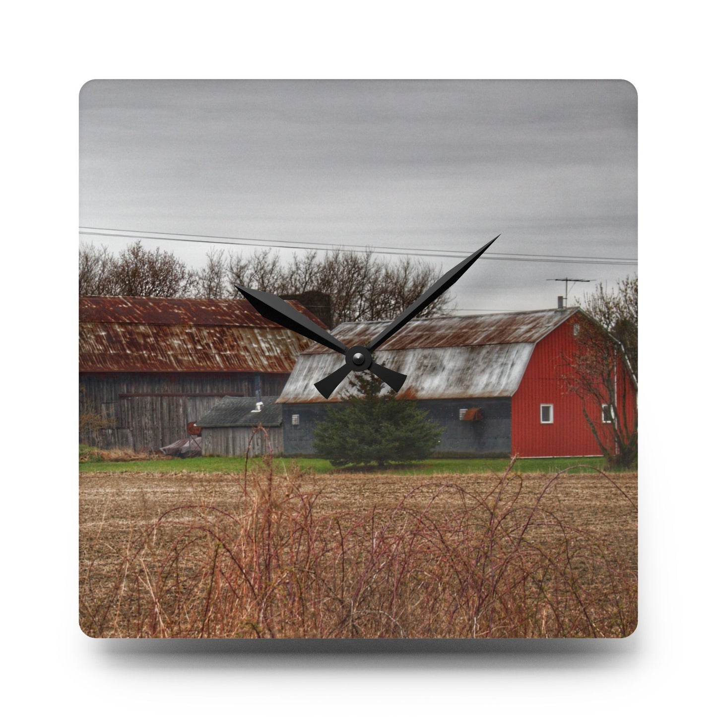 U R There Photography South Summers Road Rusted Grey and Little Red Rustic Farmhouse Acrylic Analog Wall Clock