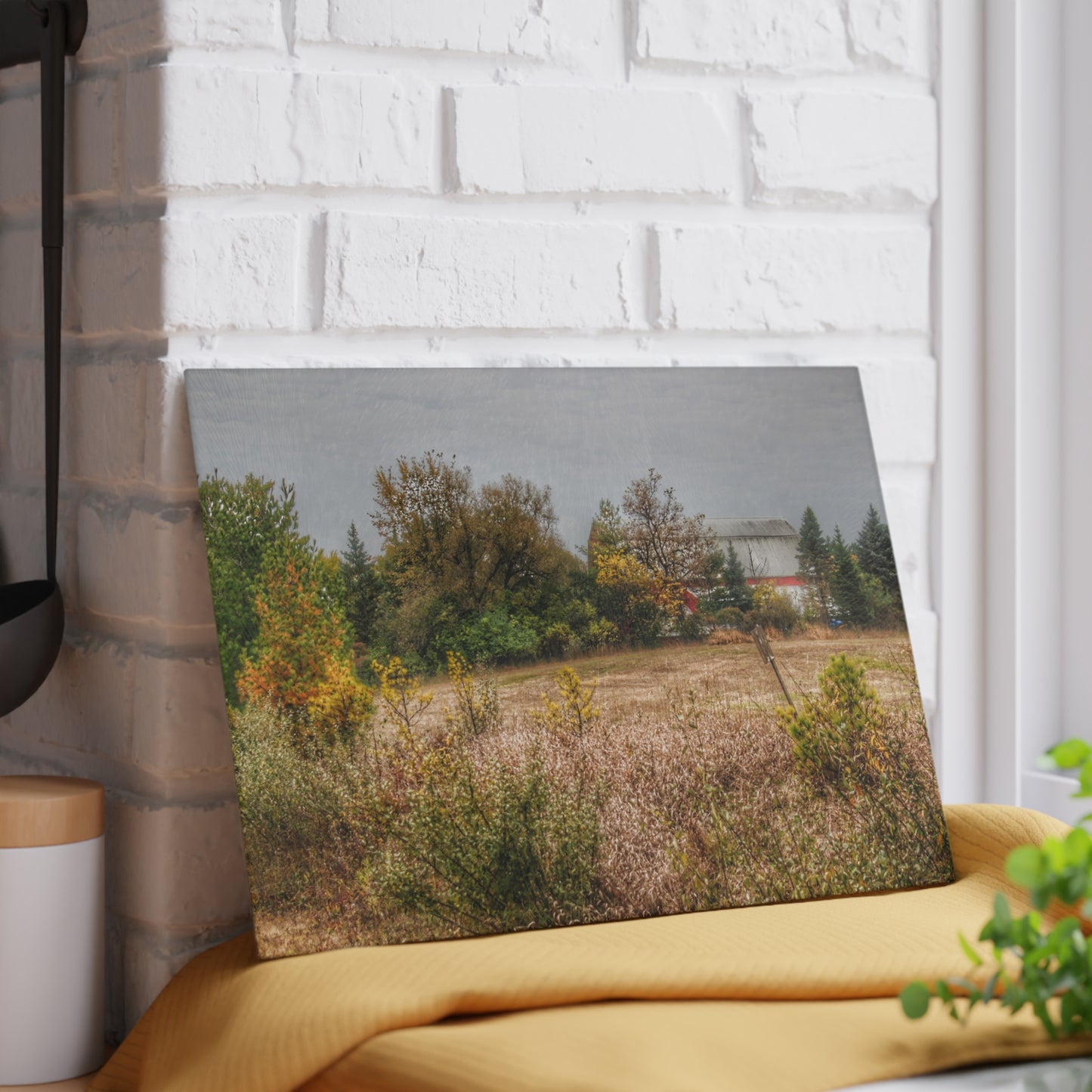 U R There Photography Hadley Road Hidden Red in Fall Rustic Farmhouse Tempered-Glass Cutting Board