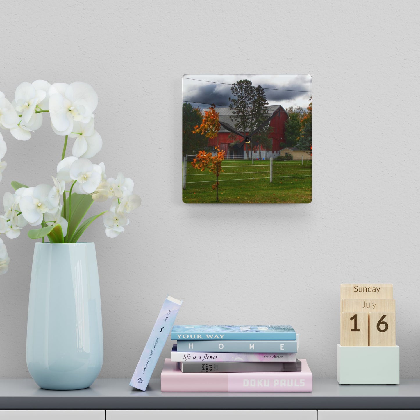U R There Photography Farnsworth Road Red I Rustic Farmhouse Acrylic Analog Wall Clock