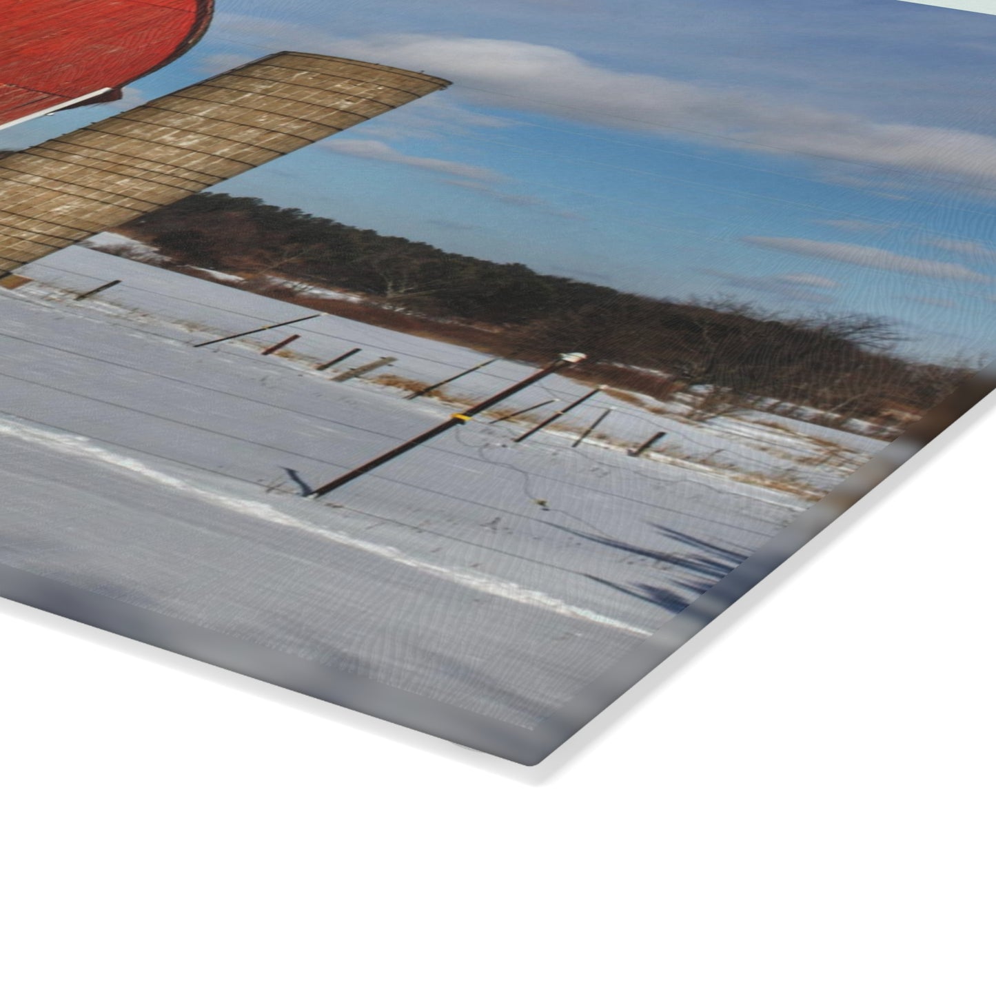 U R There Photography Barnes Road Winter Red Rustic Farmhouse Tempered-Glass Cutting Board