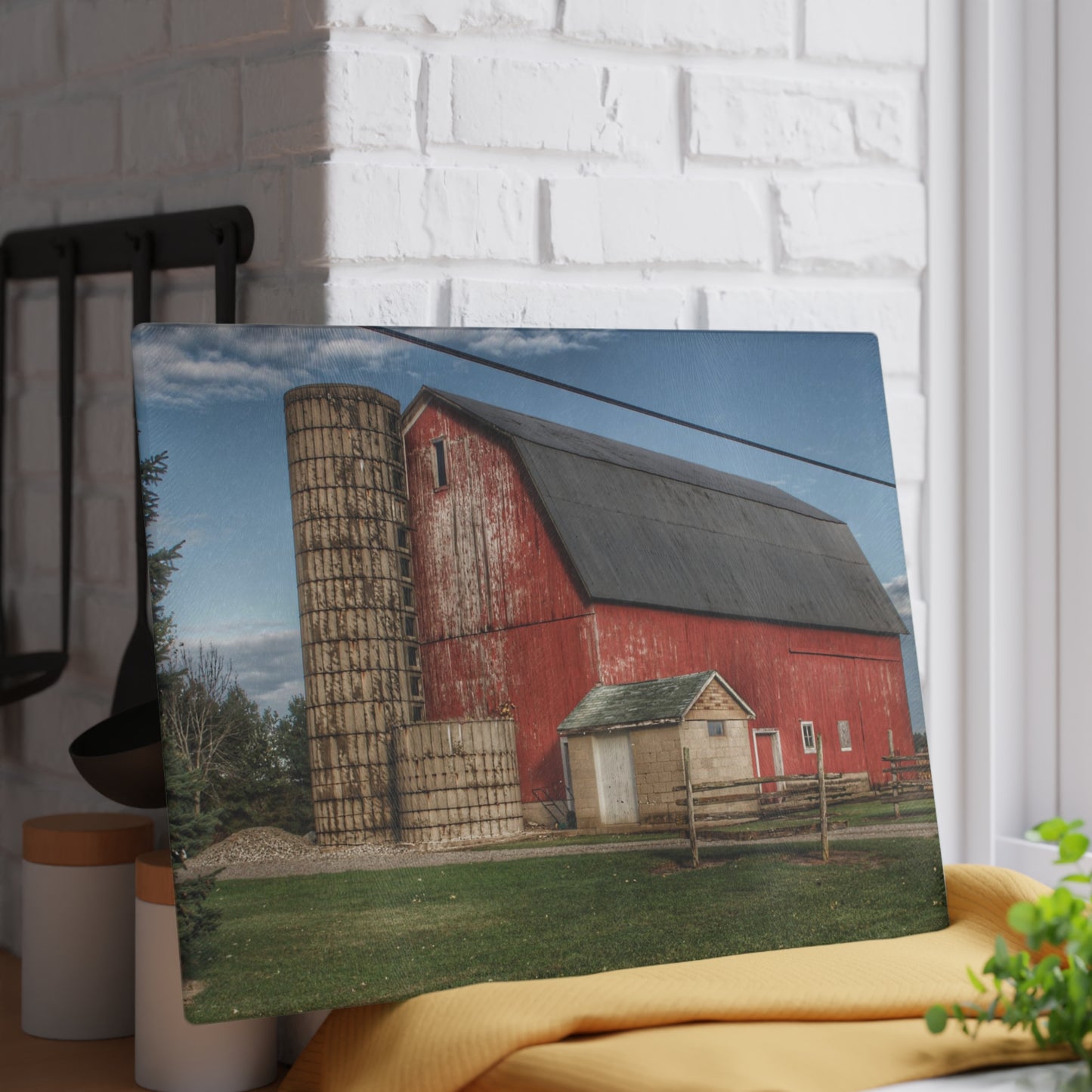 U R There Photography Brown City Lincoln Street Red Rustic Farmhouse Tempered-Glass Cutting Board