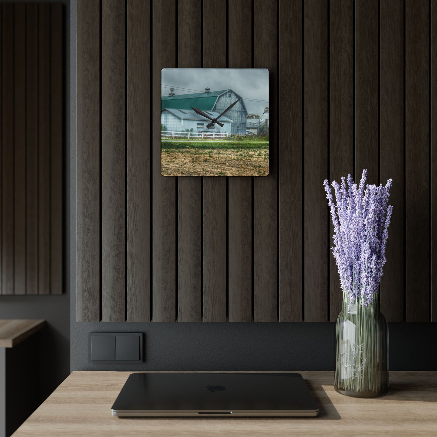 U R There Photography Richville Road Grey II Rustic Farmhouse Acrylic Analog Wall Clock