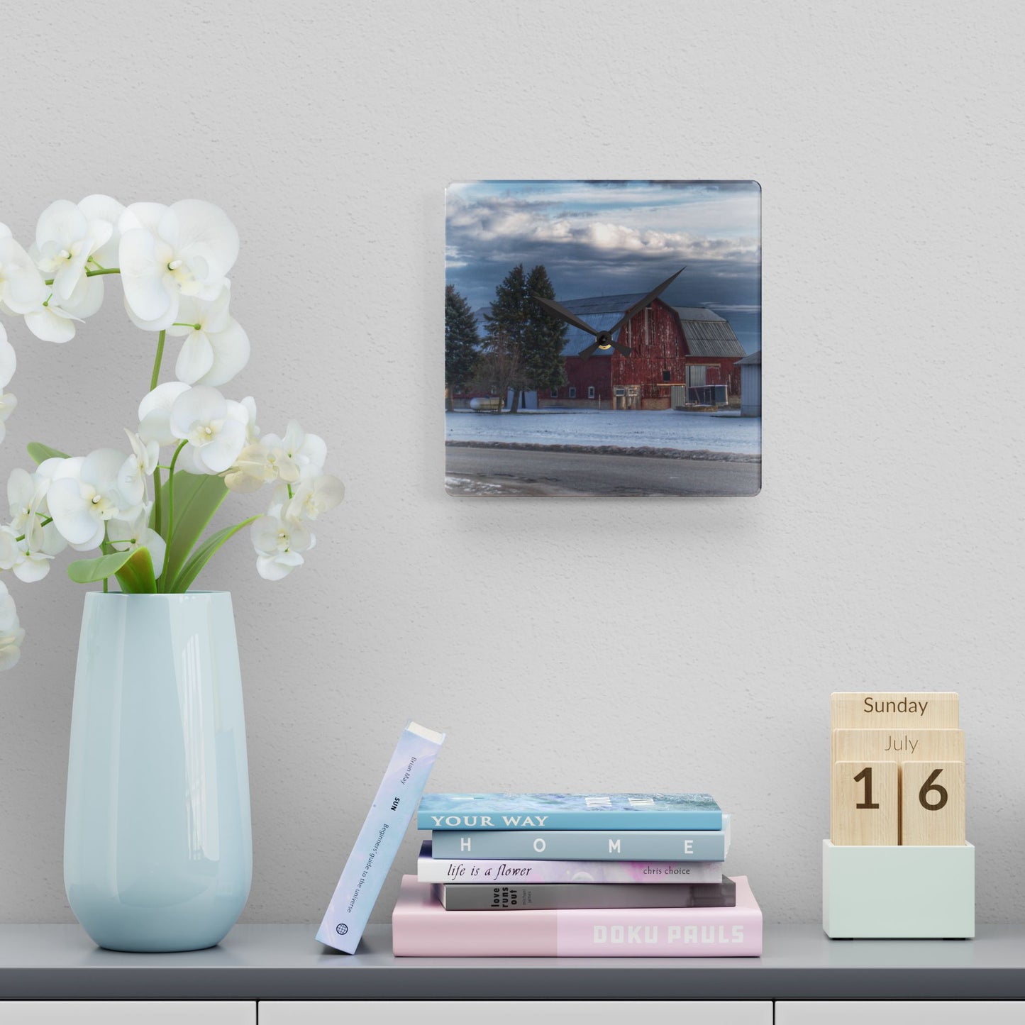 U R There Photography Glover Road Red Rustic Farmhouse Acrylic Analog Wall Clock