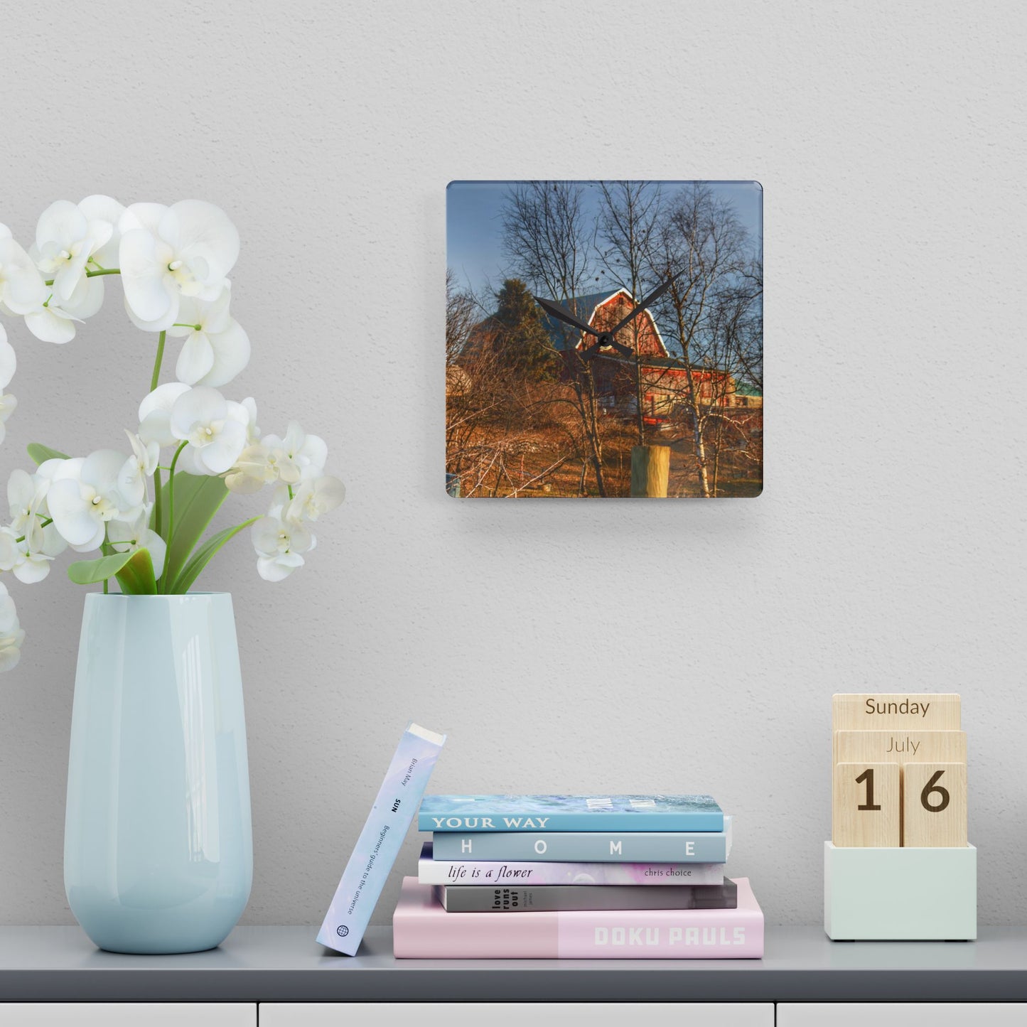 U R There Photography Marathon Road Hillside Red I Rustic Farmhouse Acrylic Analog Wall Clock