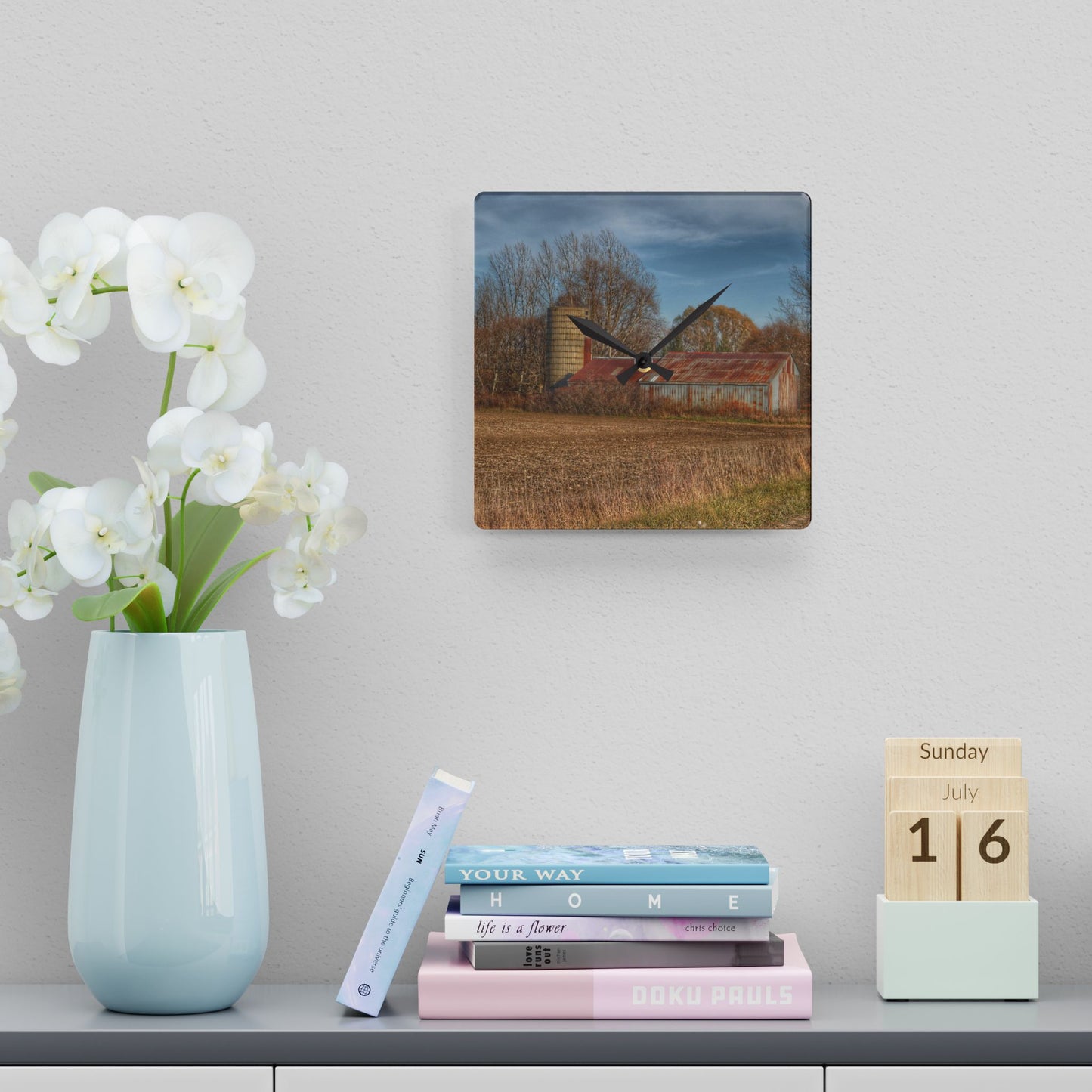 U R There Photography Brief Road Blue Rustic Farmhouse Acrylic Analog Wall Clock 10.75'' × 10.75'' (Square)